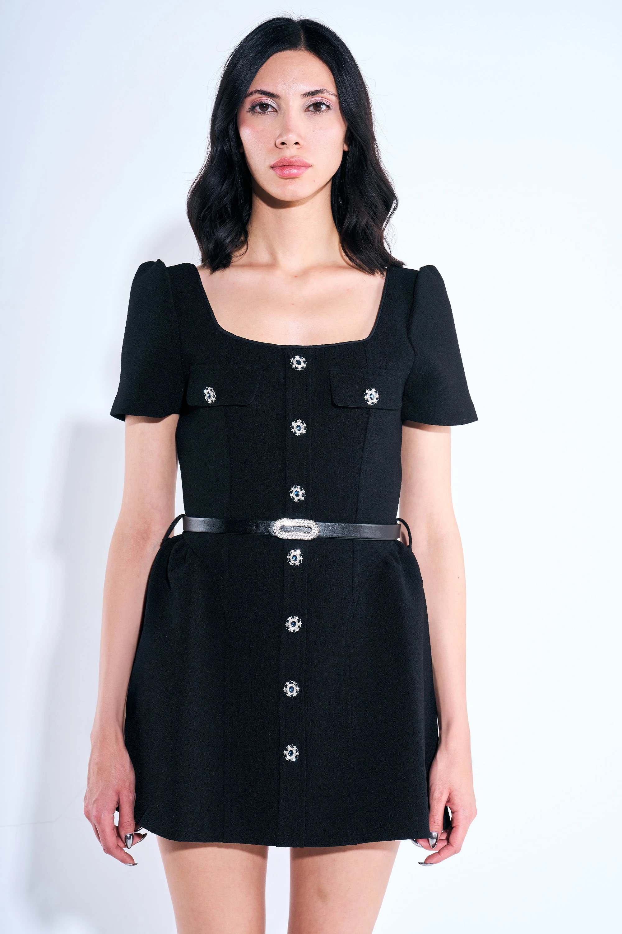Taşlı Kemerli Yarım Kol Mini Elbise