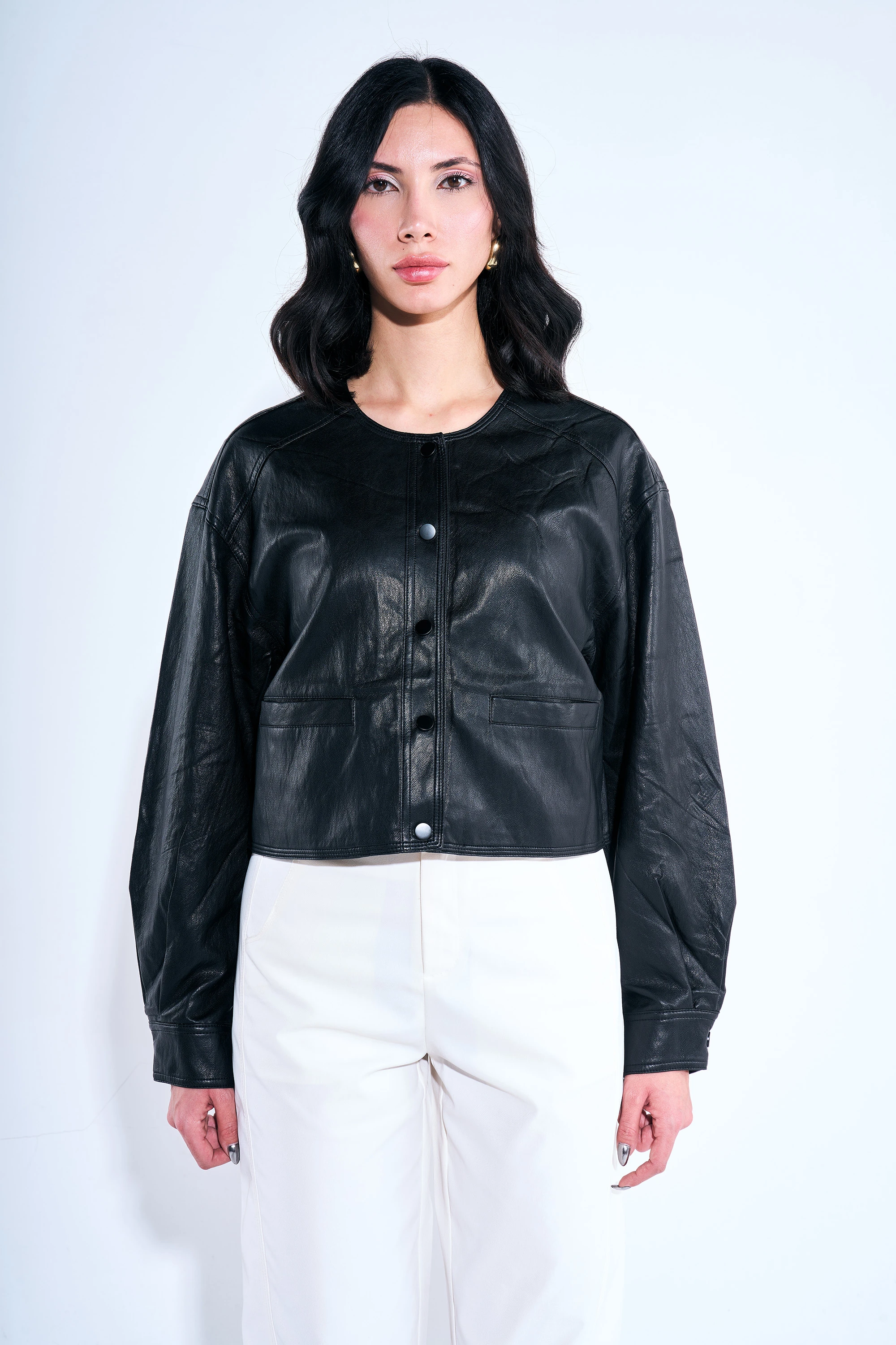 Sıfır Yaka Çıt Çıtlı Deri Ceket
