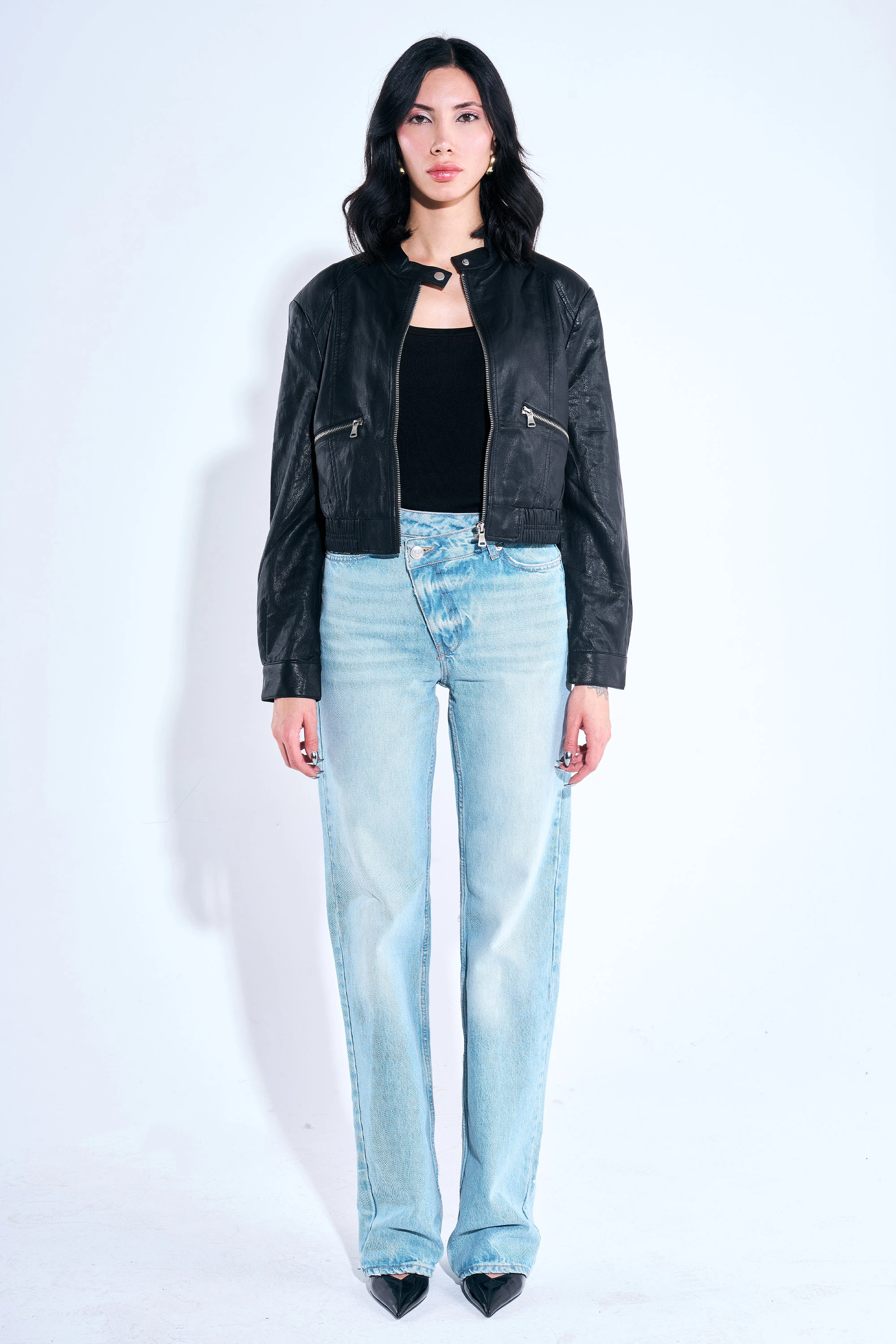 Fermuar Detaylı Deri Biker Ceket