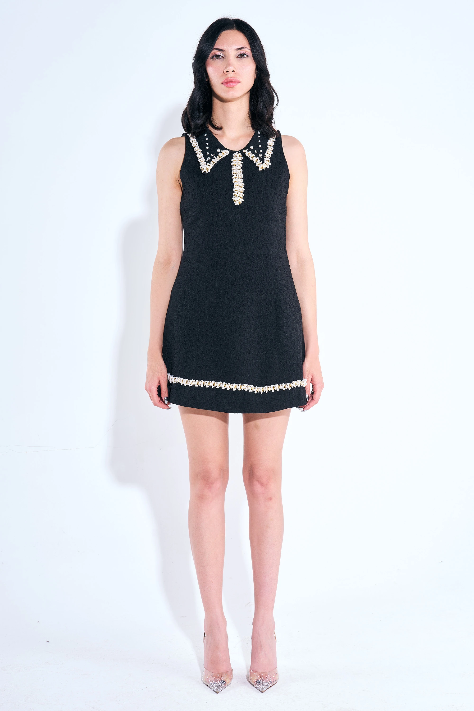 İnci ve Taş İşlemeli Yakalı Mini Elbise