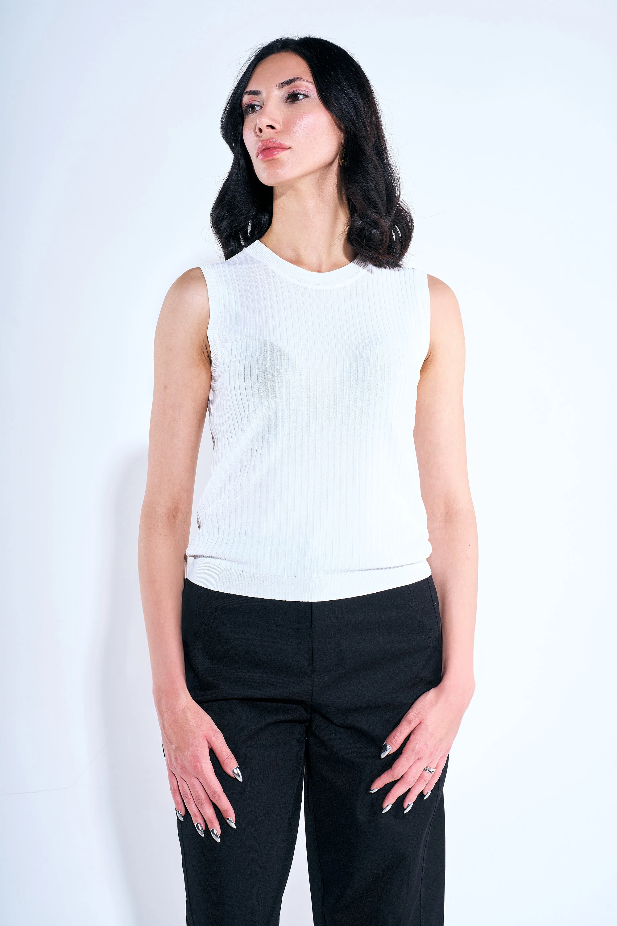 Sıfır Yaka Fitilli Kolsuz Triko Bluz