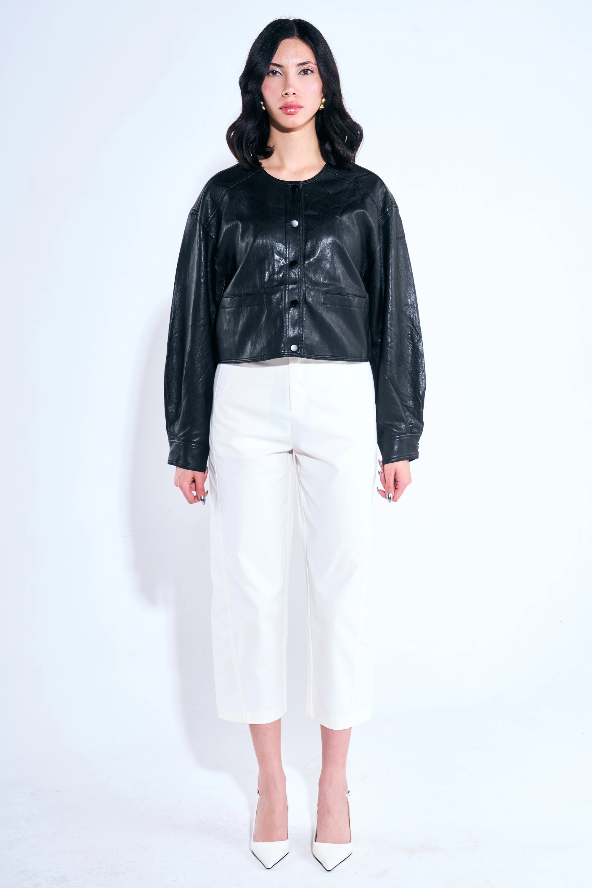 Sıfır Yaka Çıt Çıtlı Deri Ceket