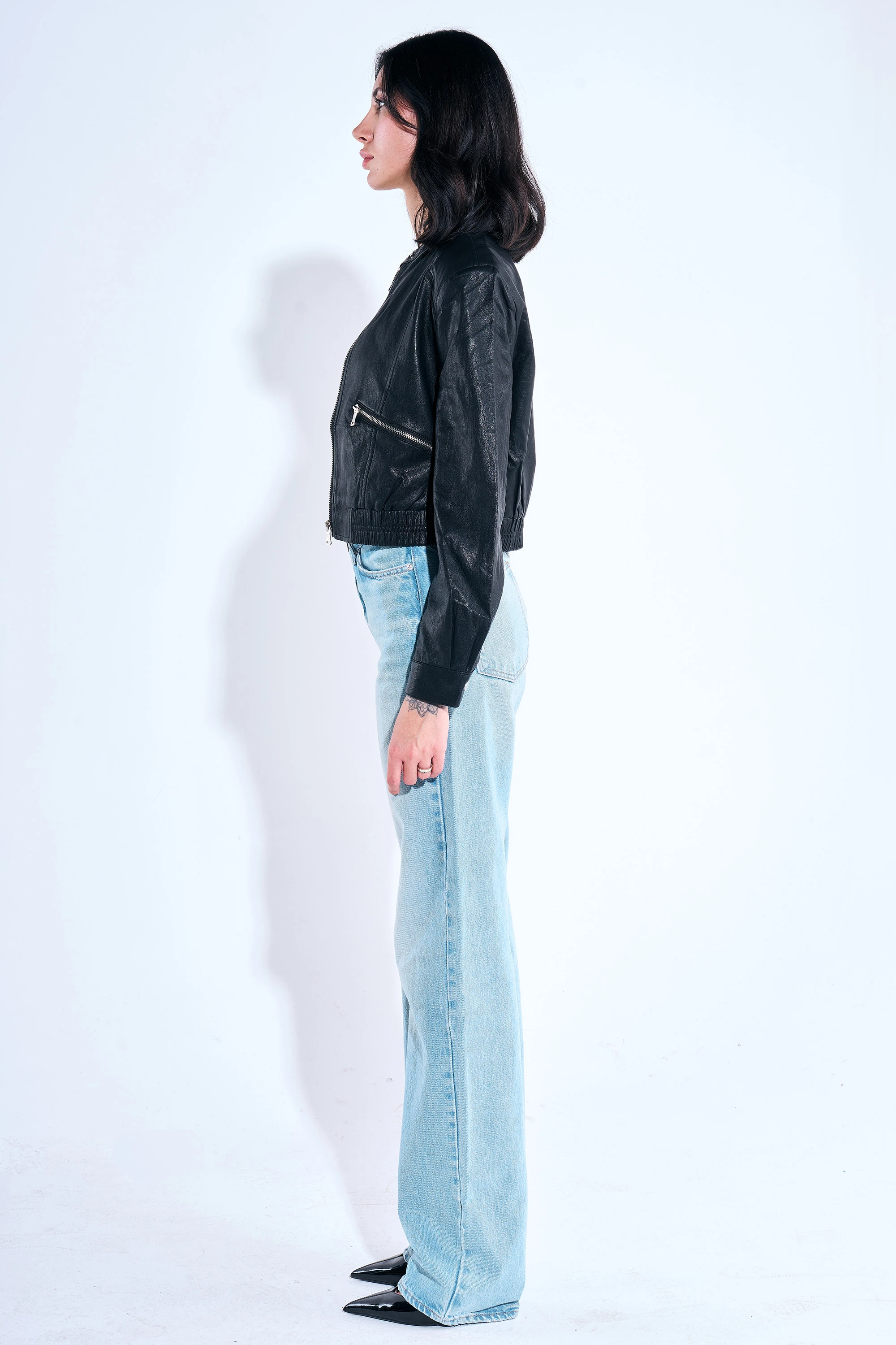 Fermuar Detaylı Deri Biker Ceket