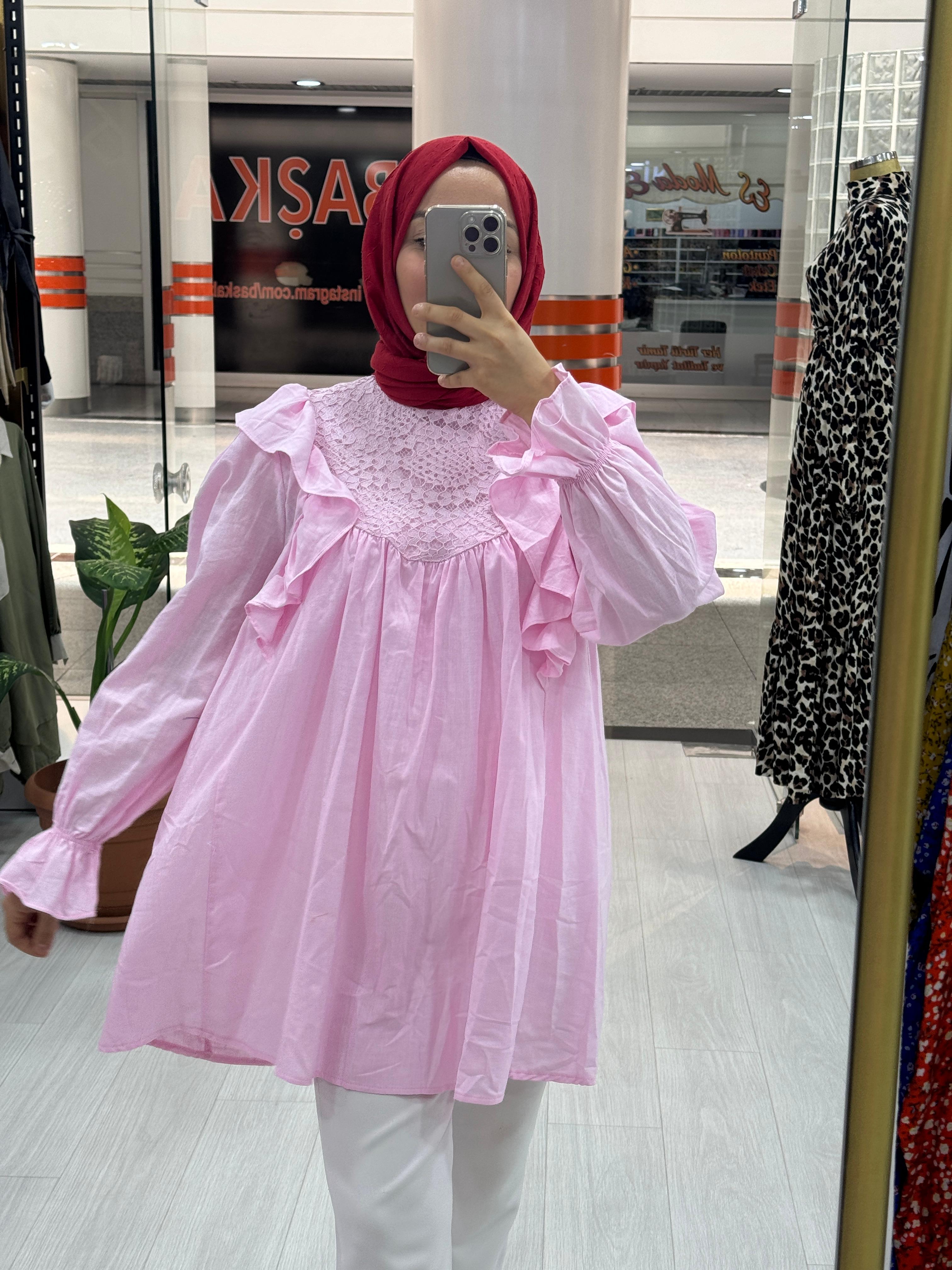 Omuz Fırfırlı Robası Dantel İşlemeli Poplin Tunik 2044 - Pembe