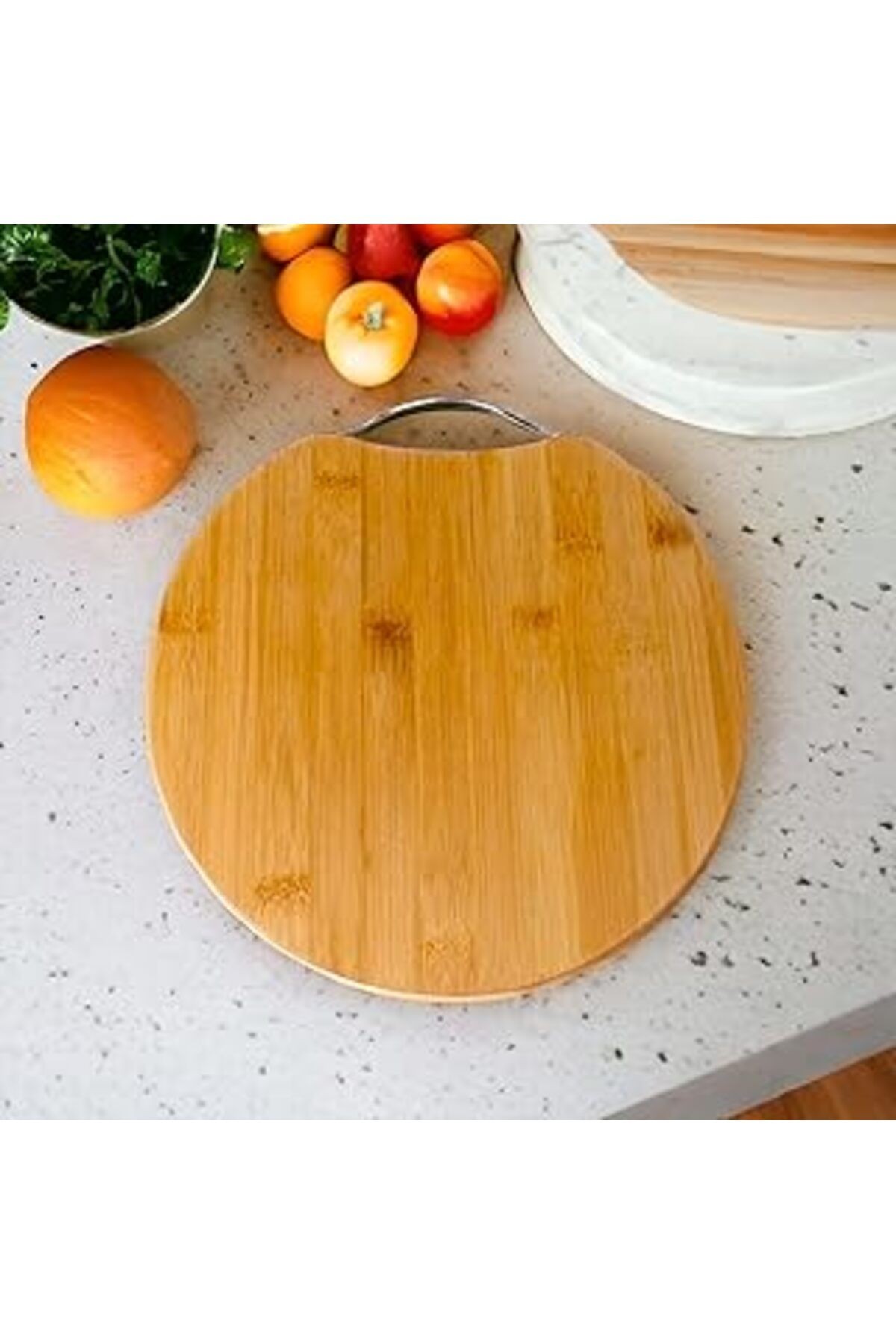 Deconox Bambu Kesim Sunum Tahtası Yuvarlak 28 * 28 * 1,5 Cm, Asma Aparatlı Kesme Tahtası, Ahşap Kes