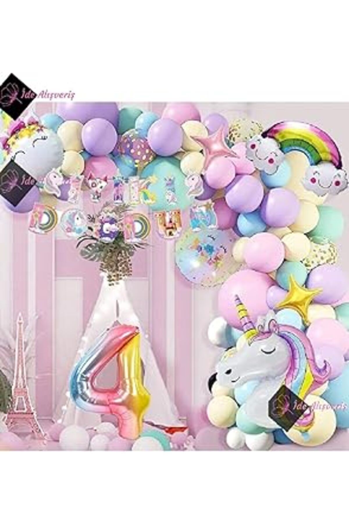 Bkmc 4 Yaş Karakterli Unicorn Temalı Iyi Ki Doğdun Makaron Balon Doğum Günü Parti Kutlama Seti Bmcn