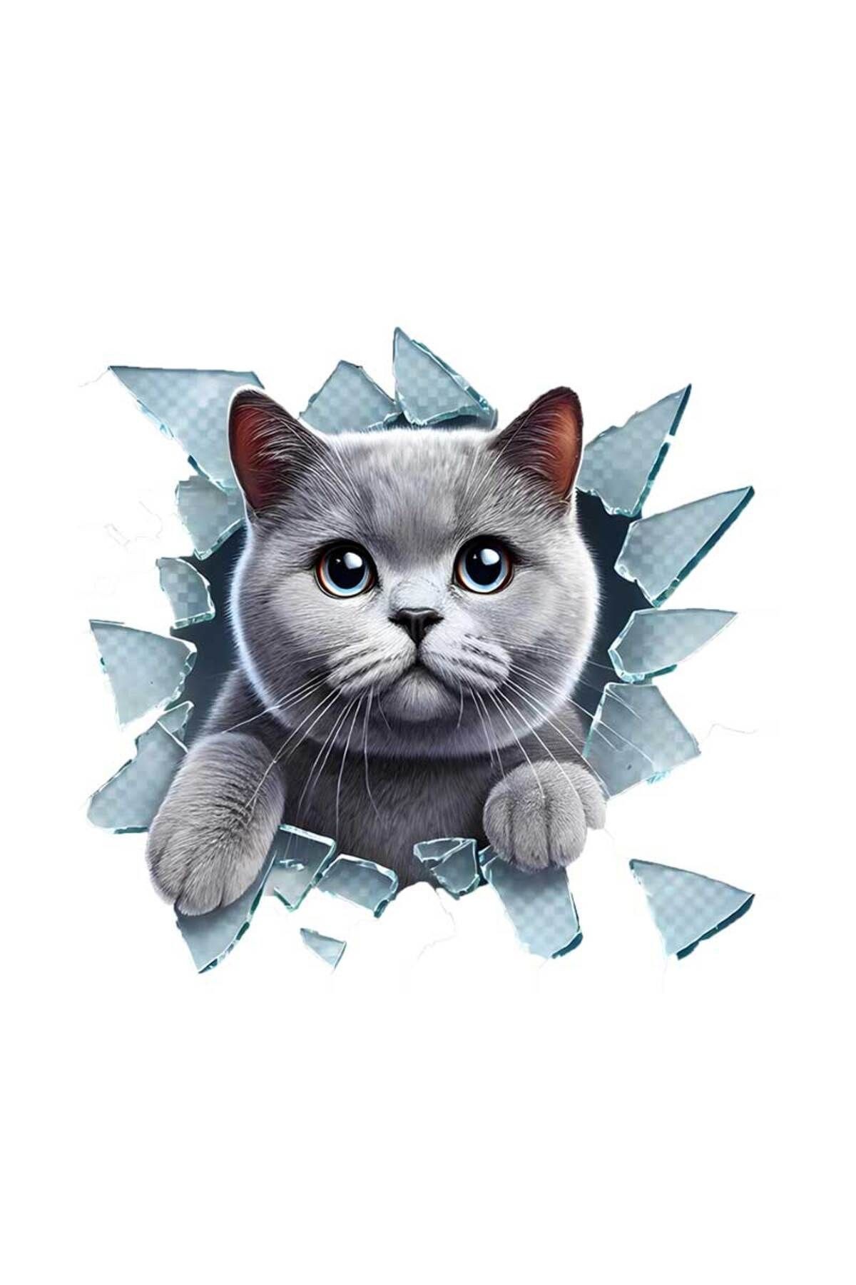 Store Kırılmış Cam Efektli British Kedi Temalı 3D Araç Sticker - Suya Güneşe Dayanıklı