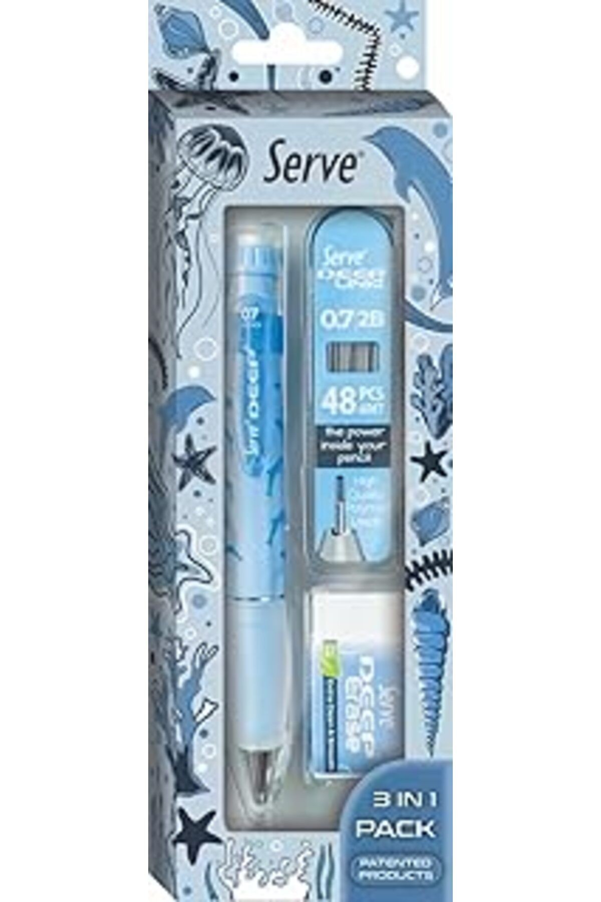 Serve Doğa Desenli Deep Kalem, Deep Silgi Ve Deep Min, 0.7 Mm, Gök Mavi