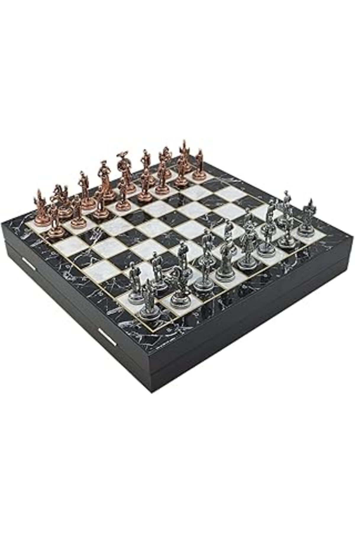 Gifthome Orta Boy Metal İspanyol Satranç Takımı Antik Ve Mermer Desenli Sandıklı Mdf Tahtası (36X36