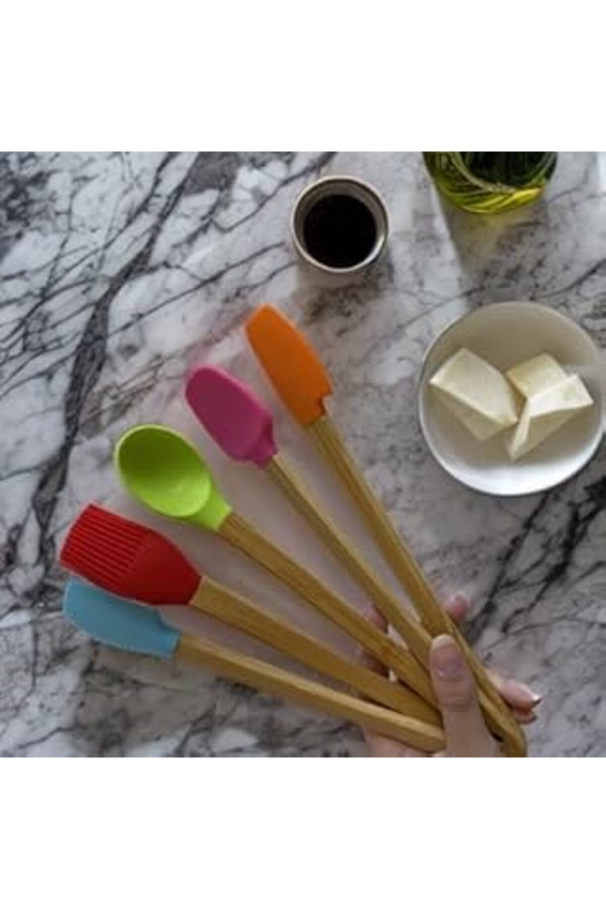 5’Li Set Renkli Bambu Saplı Silikon Spatula Seti