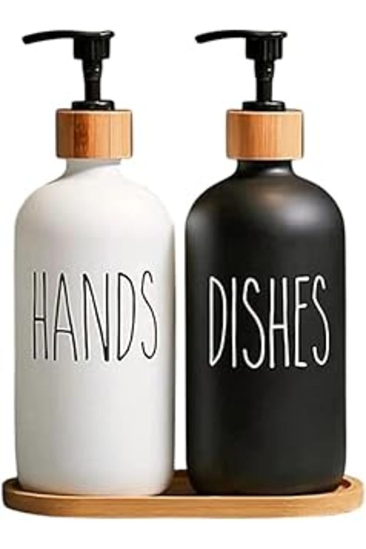 2’li Hands Dishes Siyah Beyaz Dekoratif Mutfak Banyo Sıvı Cam Sabunluk Seti 500ml Bambu Stantlı Set