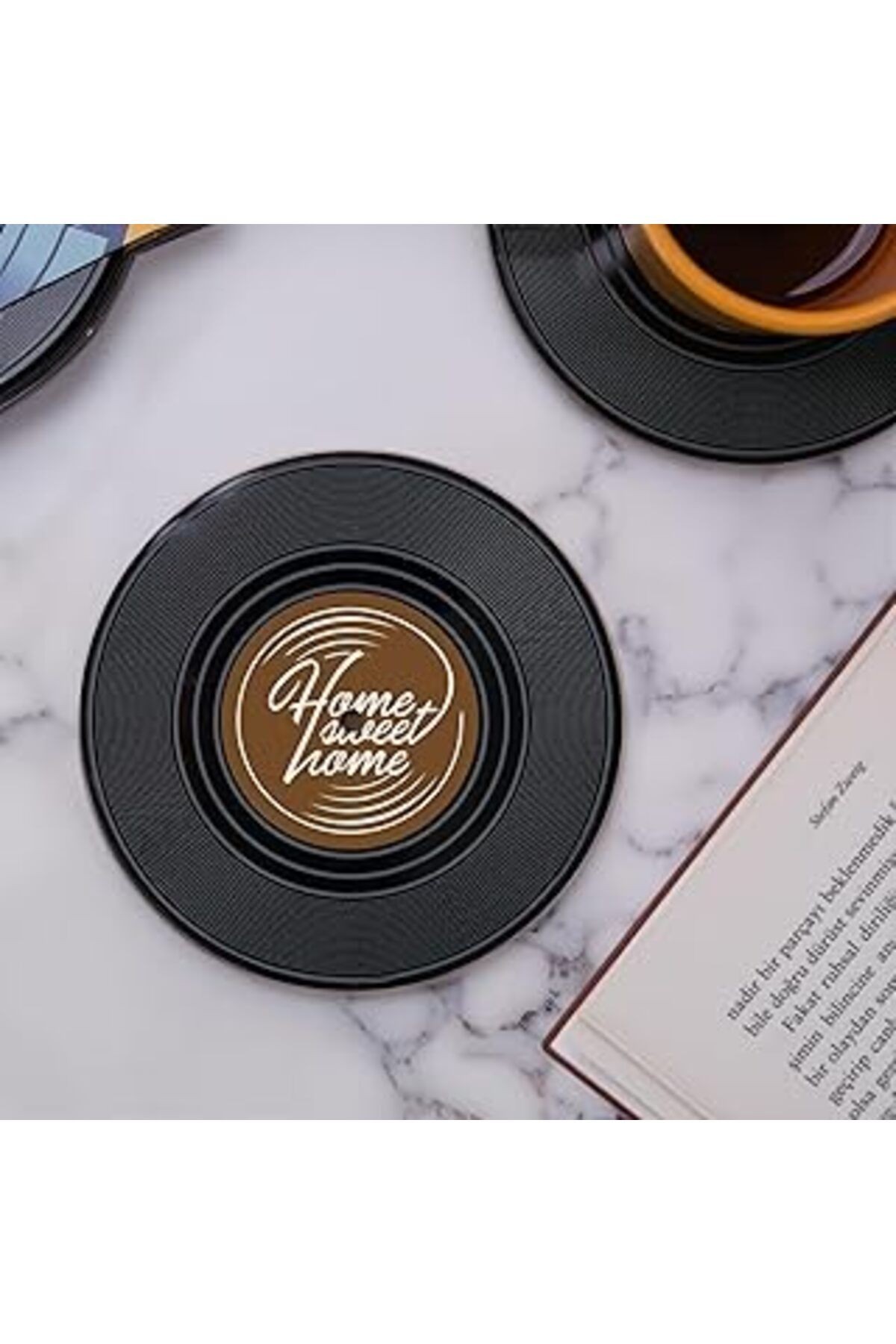 Hediyesepeti Home Sweet Home Retro Plak Tasarımlı Bardak Altlığı - 6'lı Set