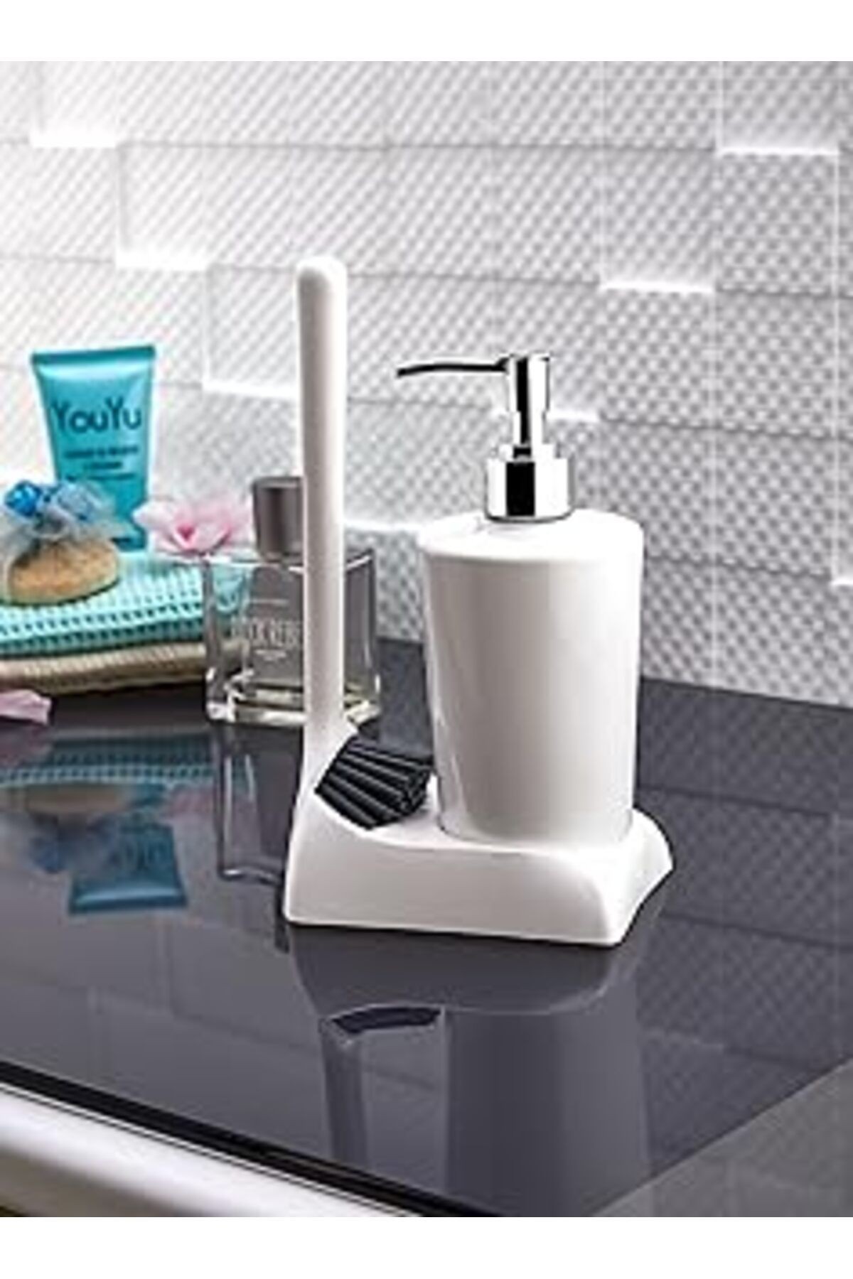 Ata Home Armona Silikon Fırçalı Mutfak Banyo Sıvı Sabunluk Süngerlik Seti