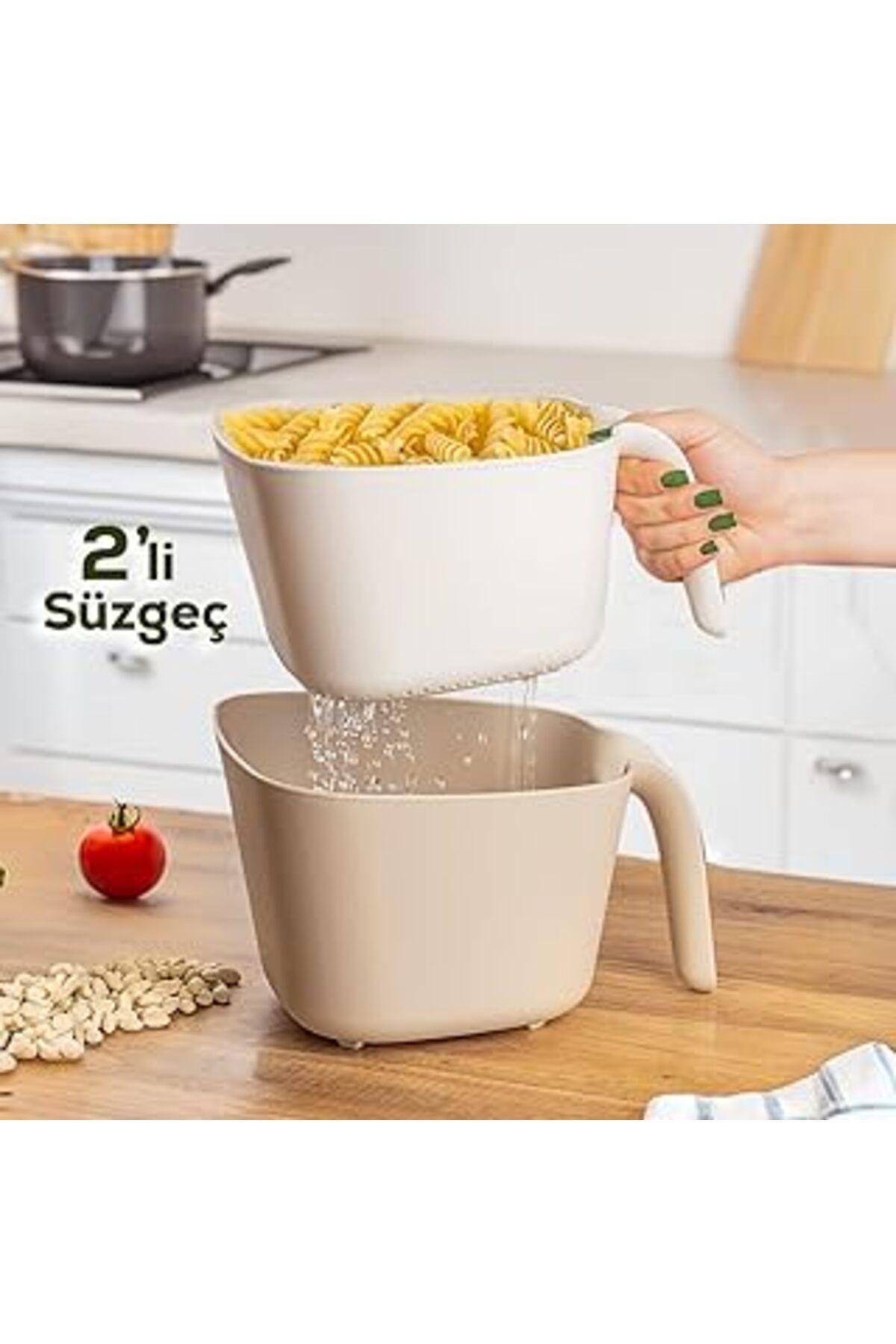 Porsima G-576 2 Parça Plastik Süzgeç Çok Amaçlı Makarna Meyve Sebze Pirinç Yıkama Süzgeci Bej Beyaz