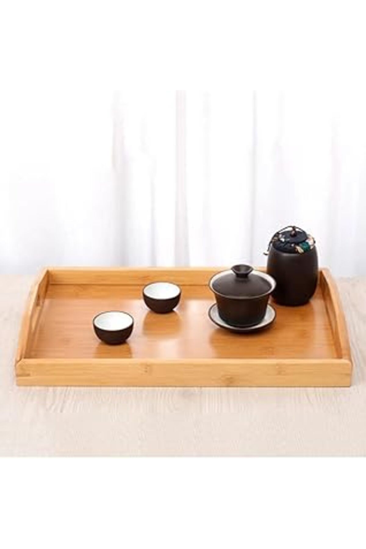 33 Cm Kulplu Bambu Ahşap Dikdörtgen Çay Kahve Servis Lüx Sunum Tepsi 33X22 Cm