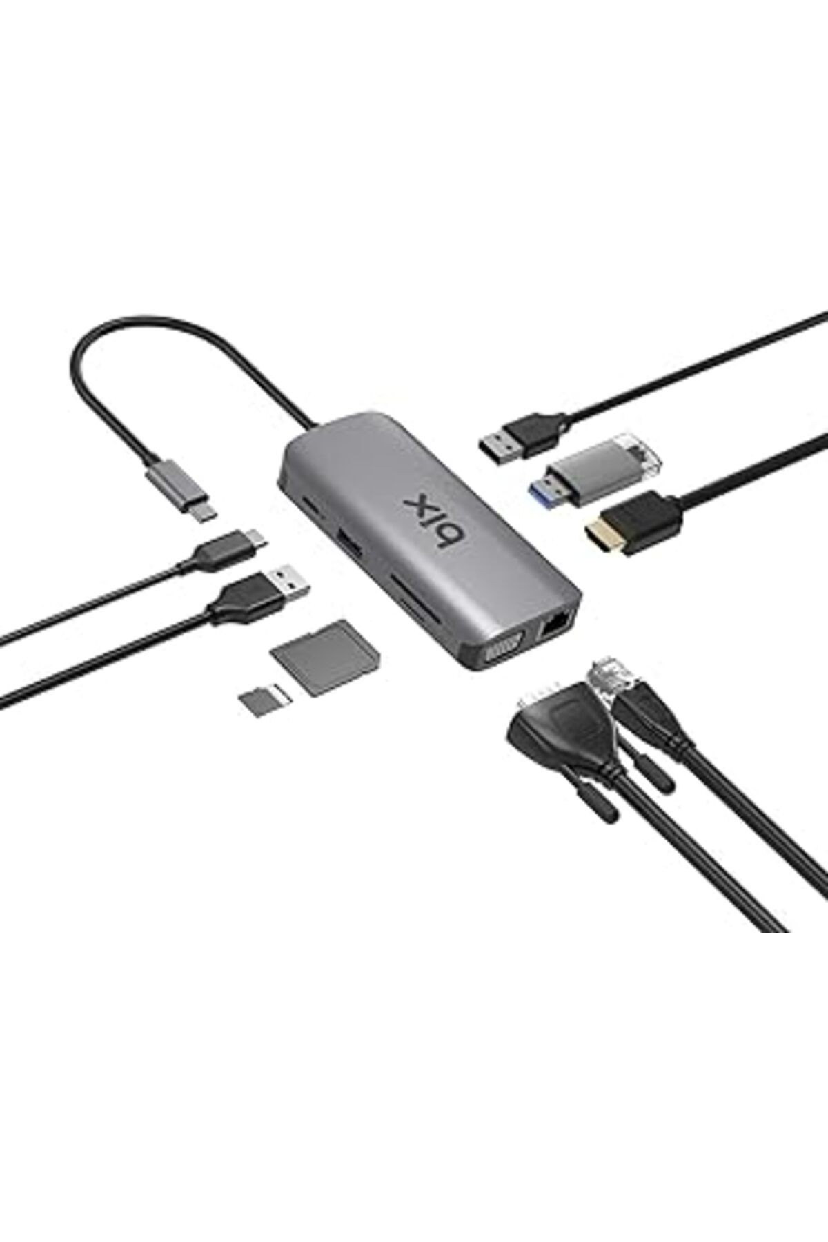 Bix Bx17Hb 9'U 1 Arada Usb-C Hub, 4K@30Hz Hdmi, Vga, Rj45, 100W Type-C Şarj Port, 3 X Usb 3.2 Bağla