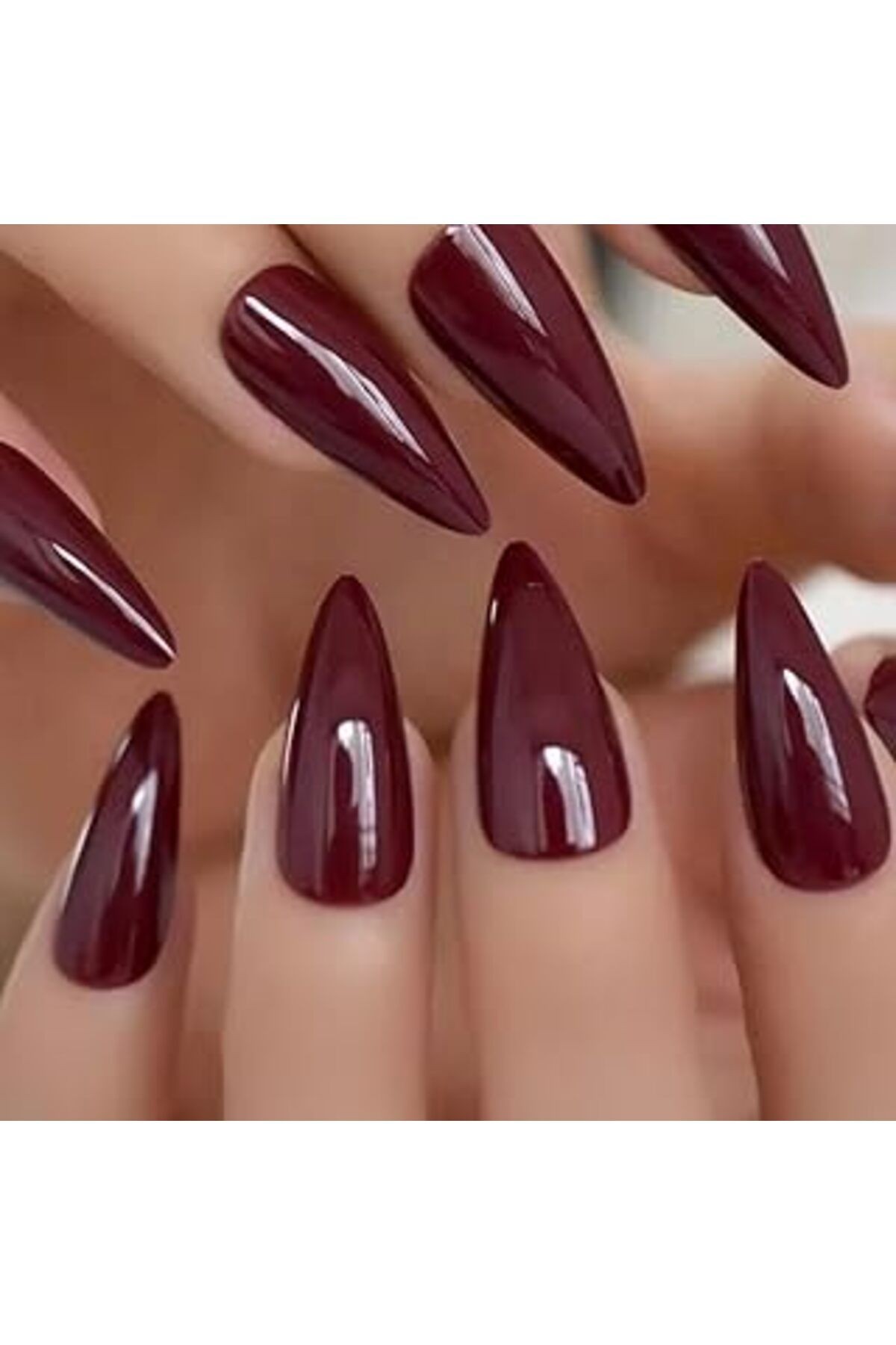 100'lü Stiletto Takma Tırnak, Bordo Kırmızı Parlak Kaplama Tırnak Seti, 100 Parça Set