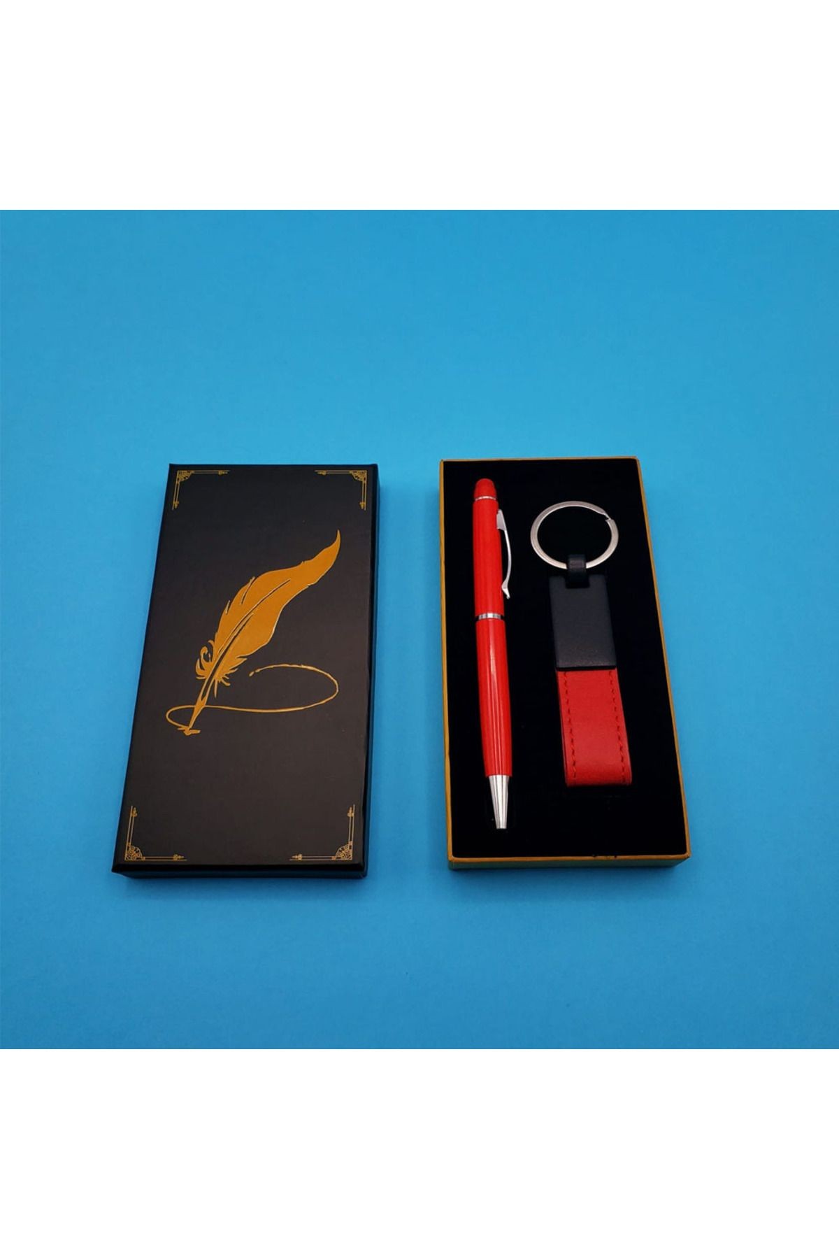 Kutulu Kırmızı Deri Anahtarlık Ve Touchpen Tükenmez Kalem Hediye Seti
