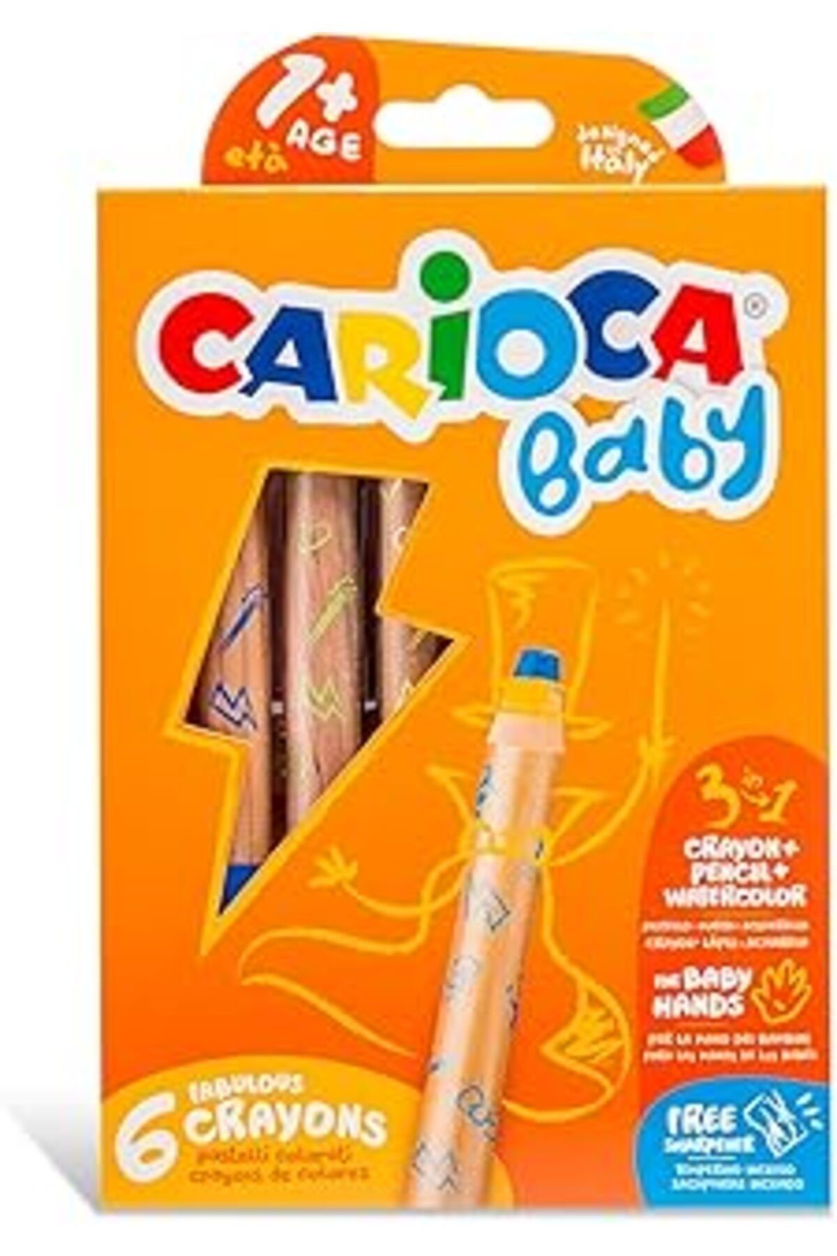 Carioca 3 In 1 Jumbo Bebek Ahşap Gövdeli Boya Kalemi 6'Lı,Kalemtraş Hediyeli