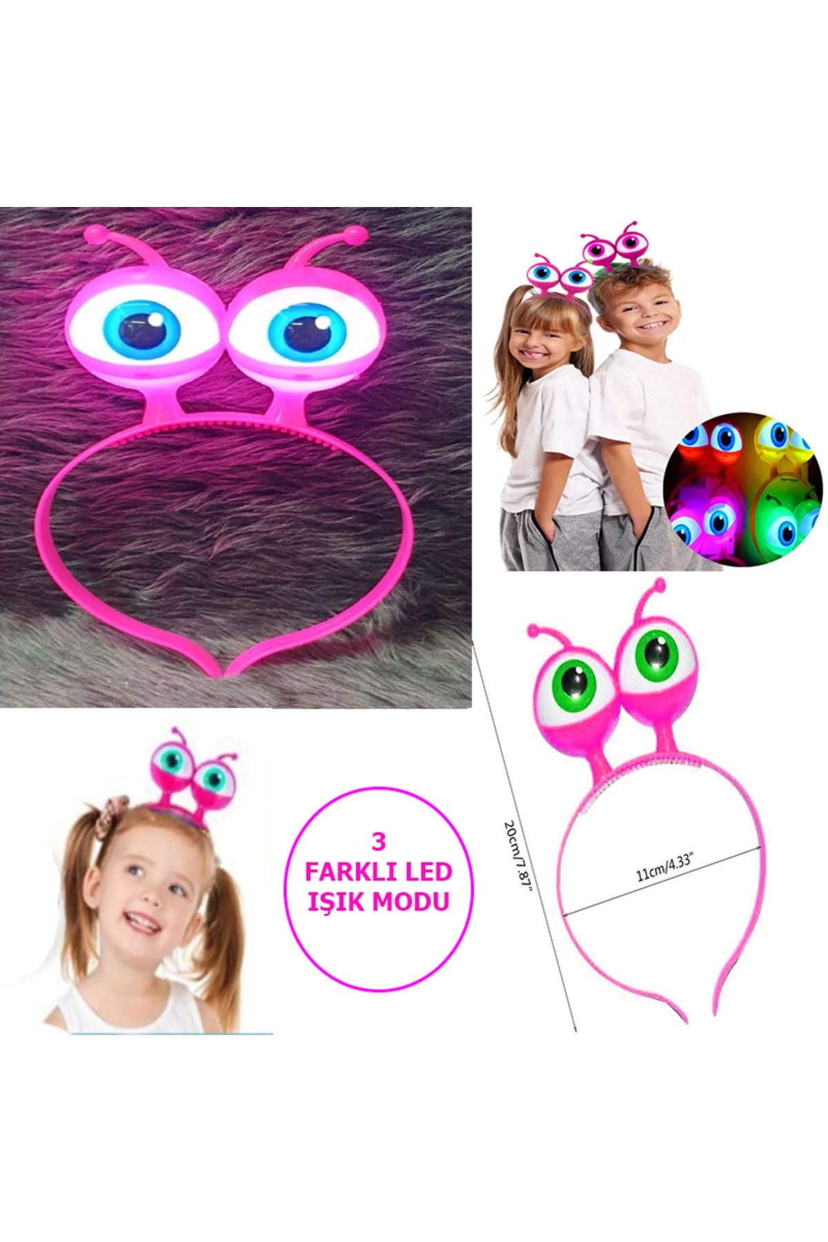 Led Işıklı & Pilli Uzaylı Göz Parti Tacı Pembe Renk