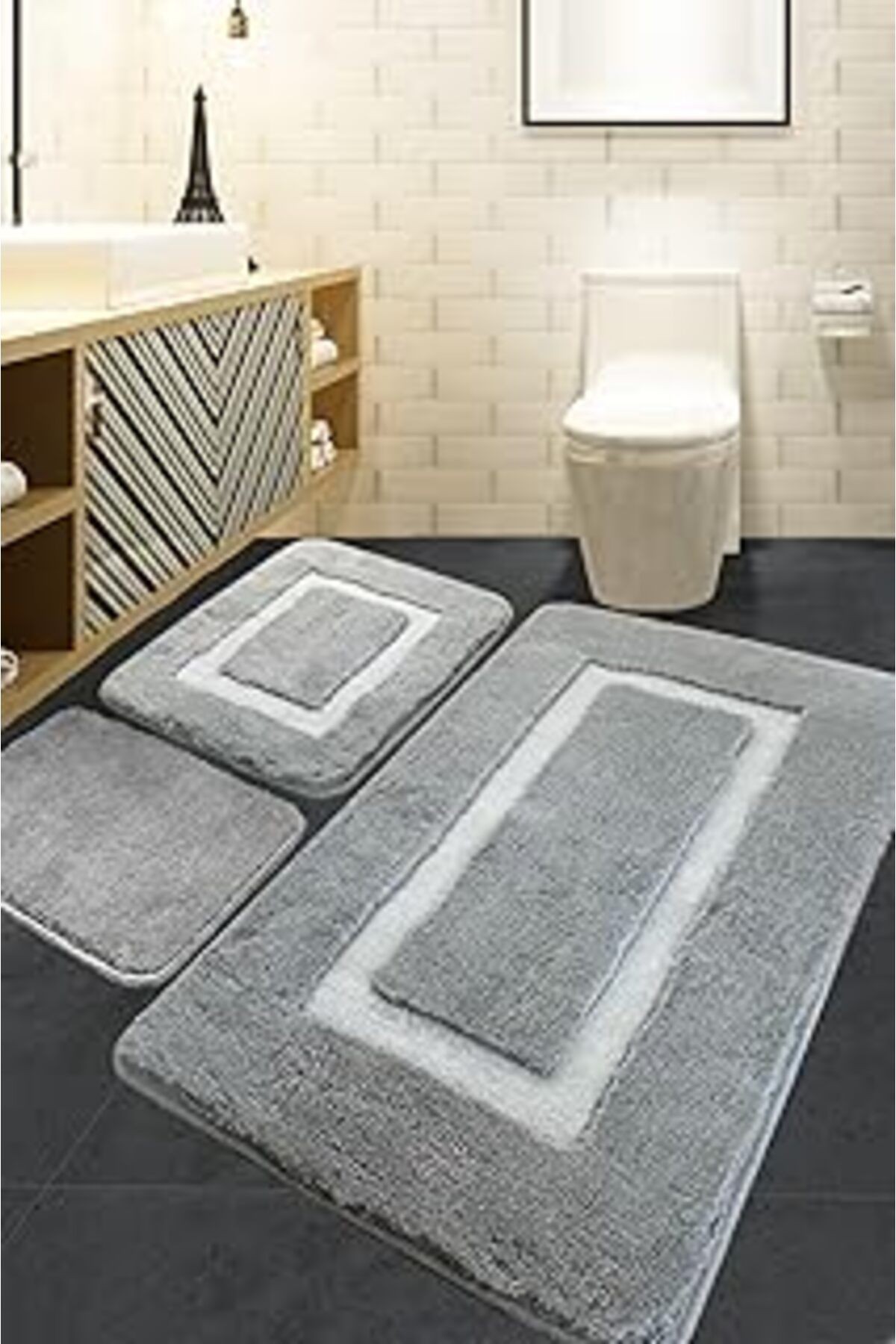 Chilai Home Quadrato Frame Grey 3'Lü Set Banyo Halısı Akrilik, 60 X 100