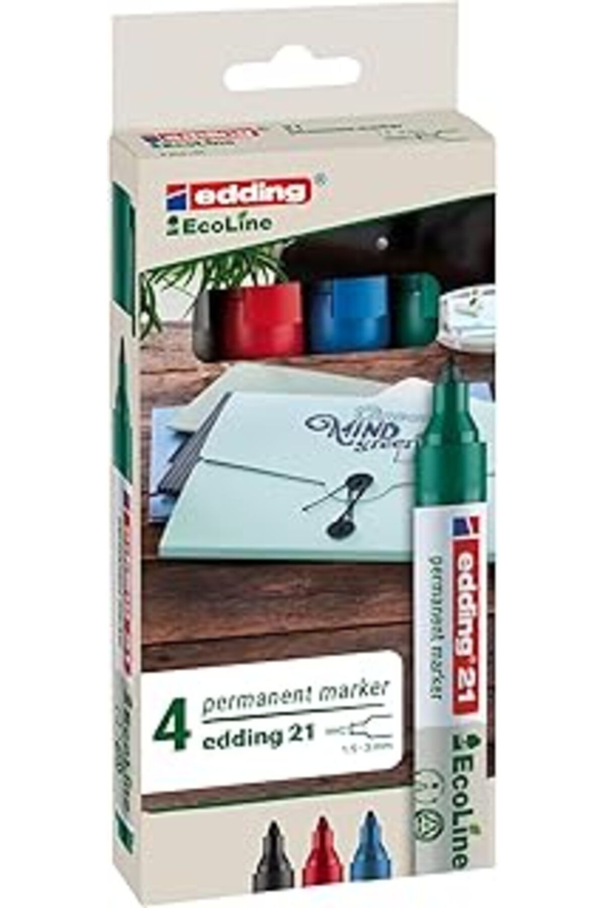 Edding 21 Ecoline Permanent Markör, 4'lü Set, Karışık Renkler, Yuvarlak Uç, Yeniden Doldurulabilir