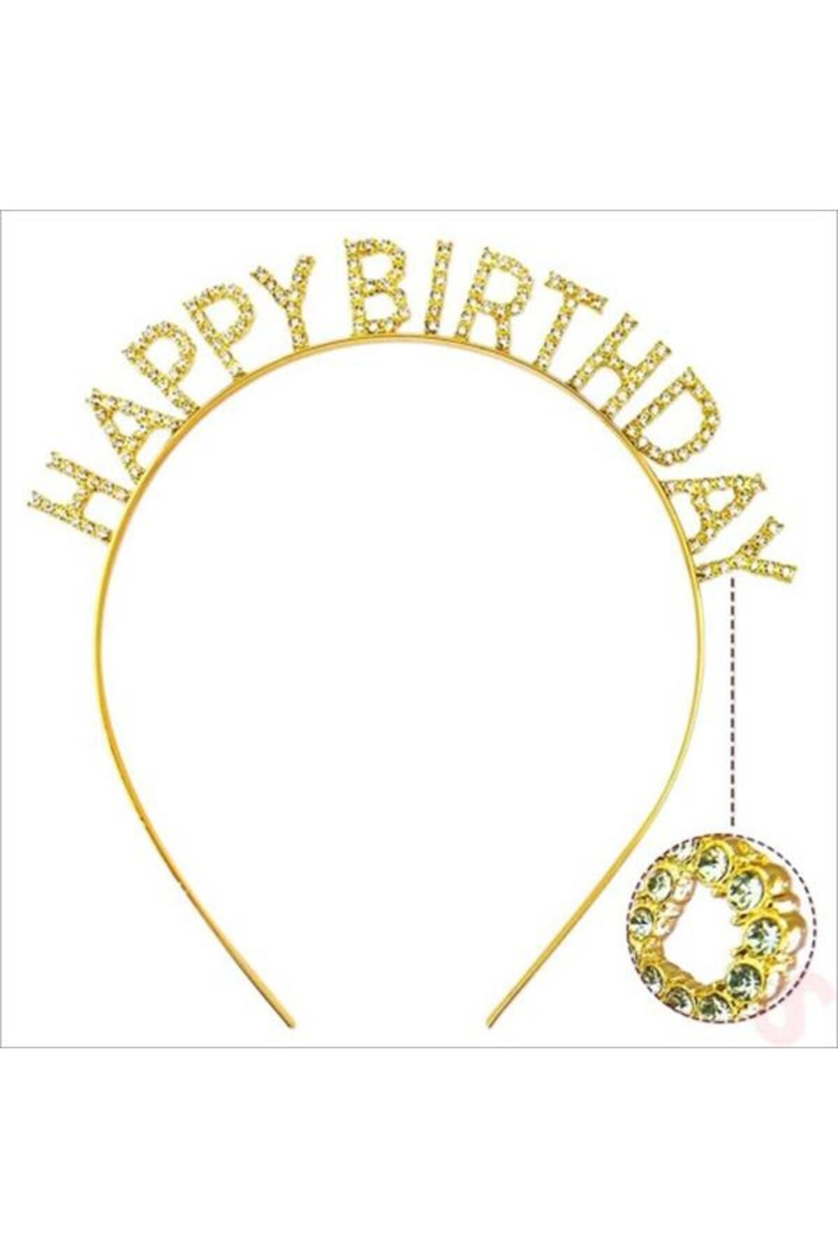Altın Gold Renk Kristal Taşlı Parlak Happy Birthday Taç