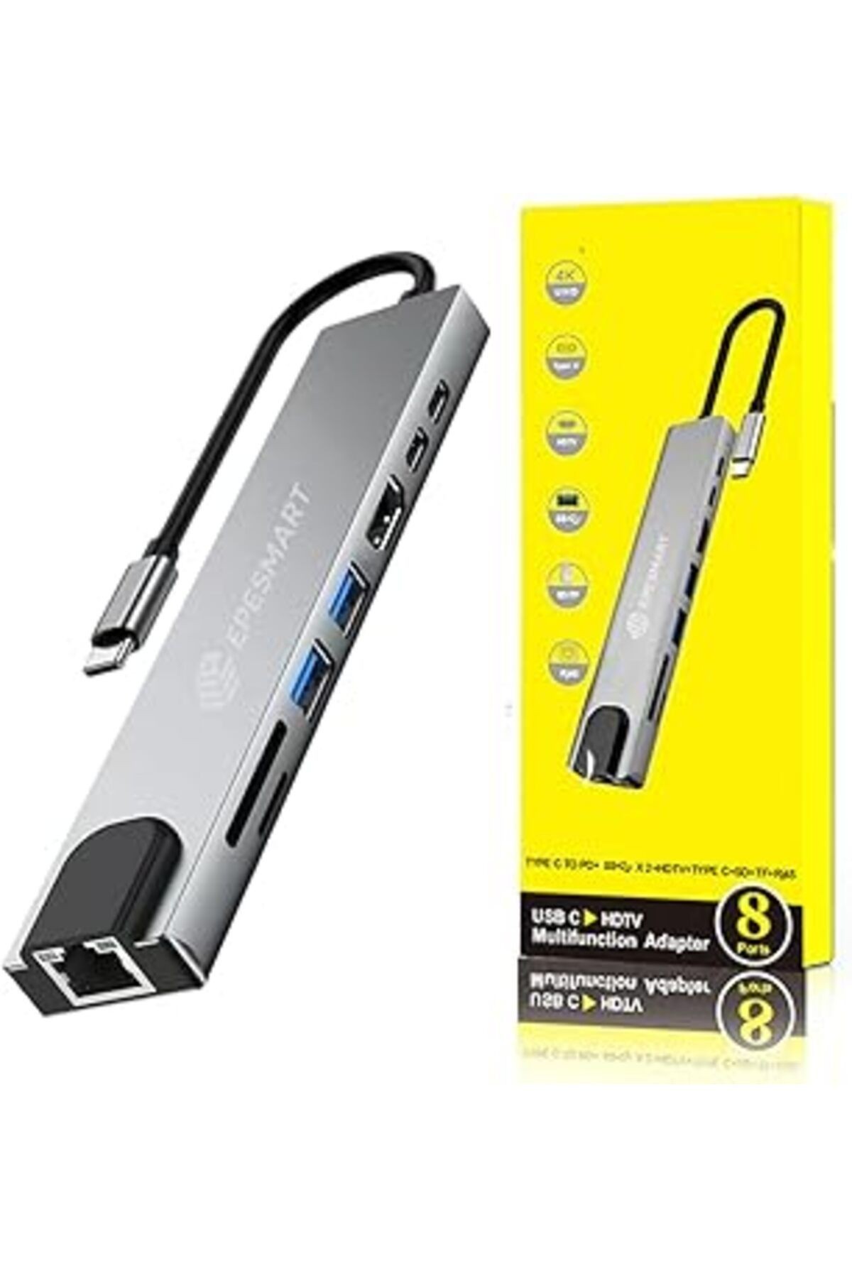Epesmart 8 Portları 1 Arada Usb C Hub Adaptörü, 4k Hdmi, Şarj Cihazı, Usb C Bağlantı Noktaları, Sd/