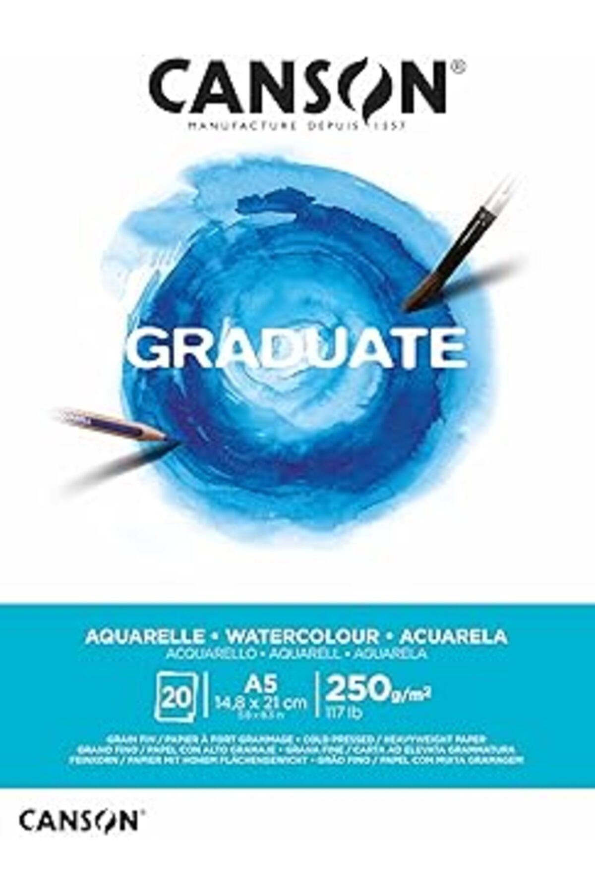 Canson Mezun Suluboya 250 Gsm A5 Kağıt, Soğuk Preslenmiş, Tampon Yapıştırılmış Kısa Taraf, 20 Doğal