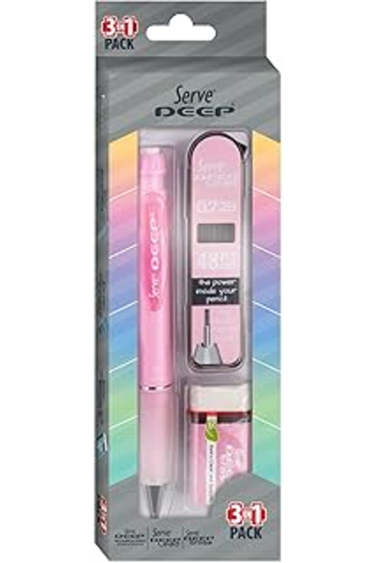 Serve Deep Versatil Kalem & Deep Silgi & Deep Kalem Ucu Min 0,7mm 3 Lu Set Seker Pembe
