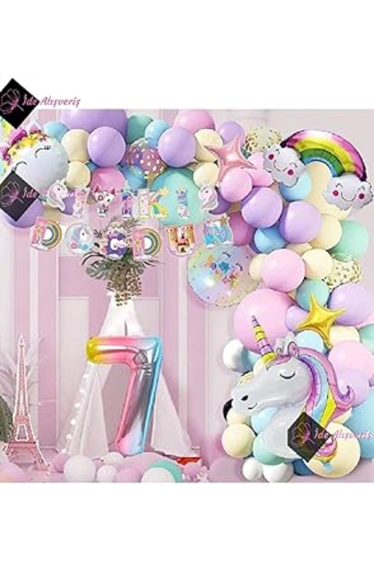 Bkmc 7 Yaş Karakterli Unicorn Temalı Iyi Ki Doğdun Makaron Balon Doğum Günü Parti Kutlama Seti Bmcn