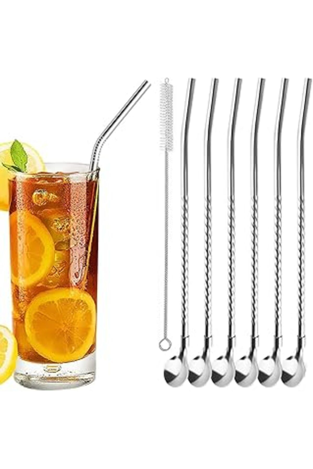 Aee® 7'li Paslanmaz Çelik Kaşıklı Metal Pipet Seti 6 Adet Pipet Ve Pipet Temizleme Fırçası Cam Pipe
