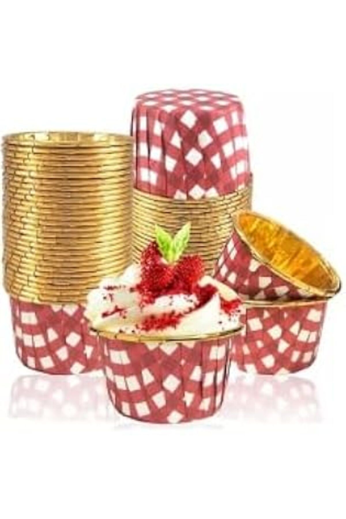 Trend Hediye Sepeti 25'li Kırmızı Gold Ekoseli Kırmızı Pötikare Muffin Kek Kalıbı, Kek Kapsülü Cupc