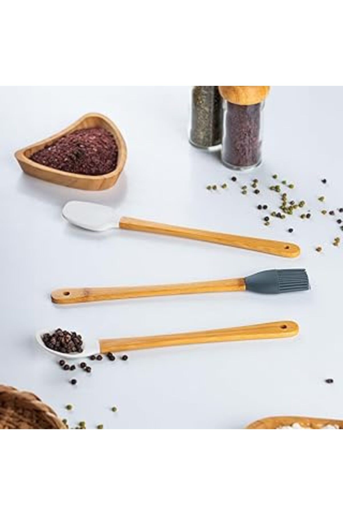 Porsima Mıen 3 Parça Mini Silikon Kaşık Spatula Fırça - Yanmaz Yapışmaz Hazırlık Seti - 23 Cm