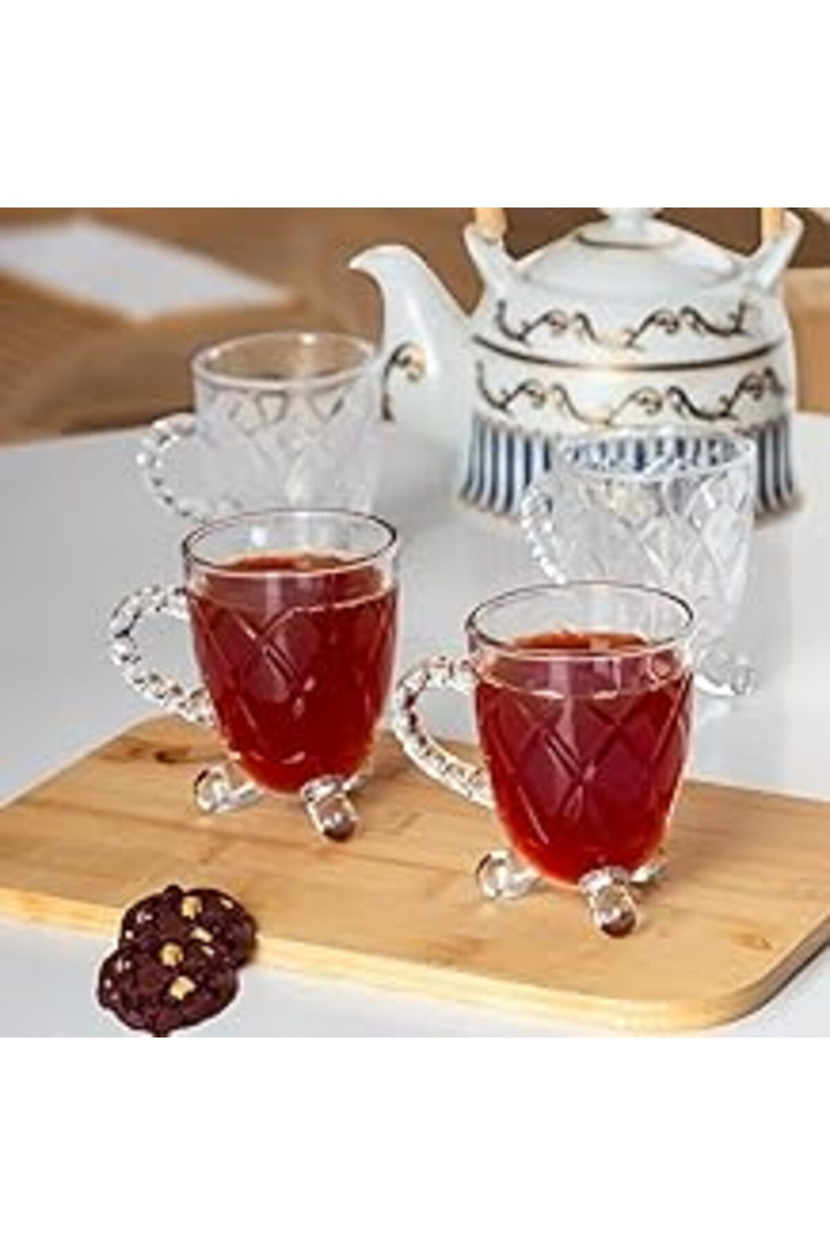 Porsima 15720 Ayaklı Kulplu Desenli 4'lü Cam Bardak - Kulplu Çay Kahve Bardağı - 200 Cc