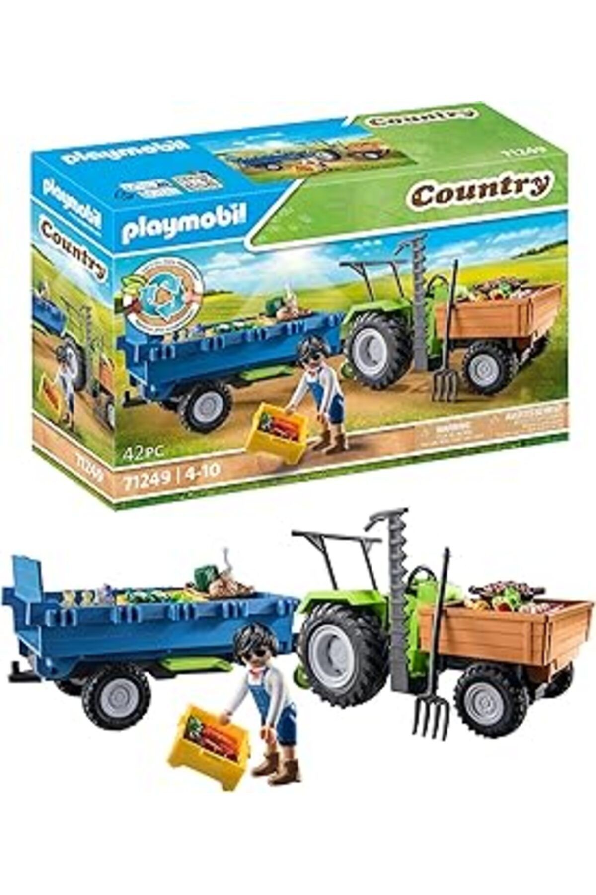 Playmobil Country 71249 Römorklu Traktör, Taşıma Kutuları Dahil, Organik Çiftlik Için Yeşil Traktör