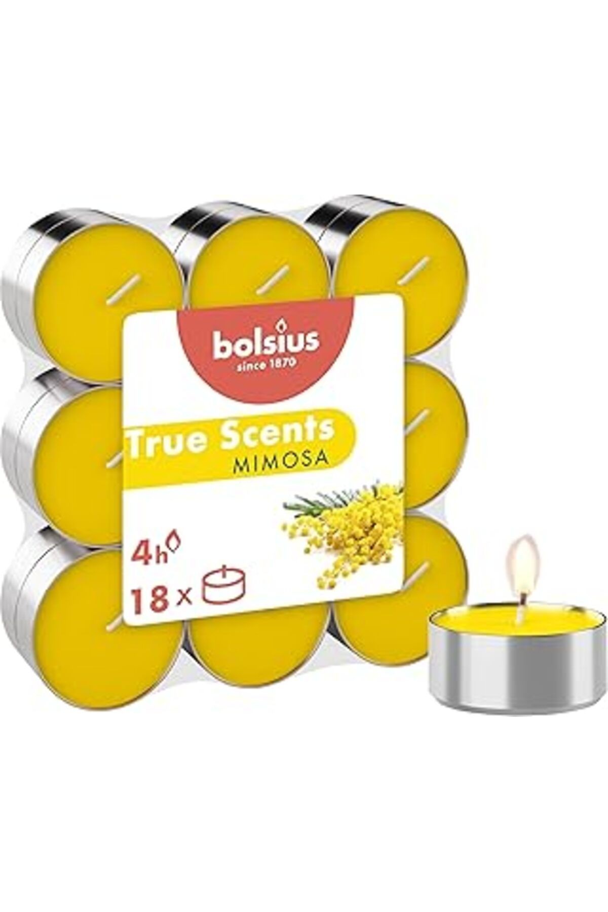 Bolsius Kokulu Tealight Mum, Mimosa Kokulu, Sarı Renkli, 18'Li Paket, 4 Saatlik Uzun Yanma Süresi -
