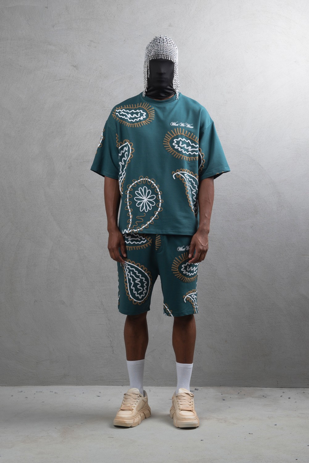 Maksim Oversize Şal Desenli Set – 10065 | Tişört + Şort Takım - Petrol