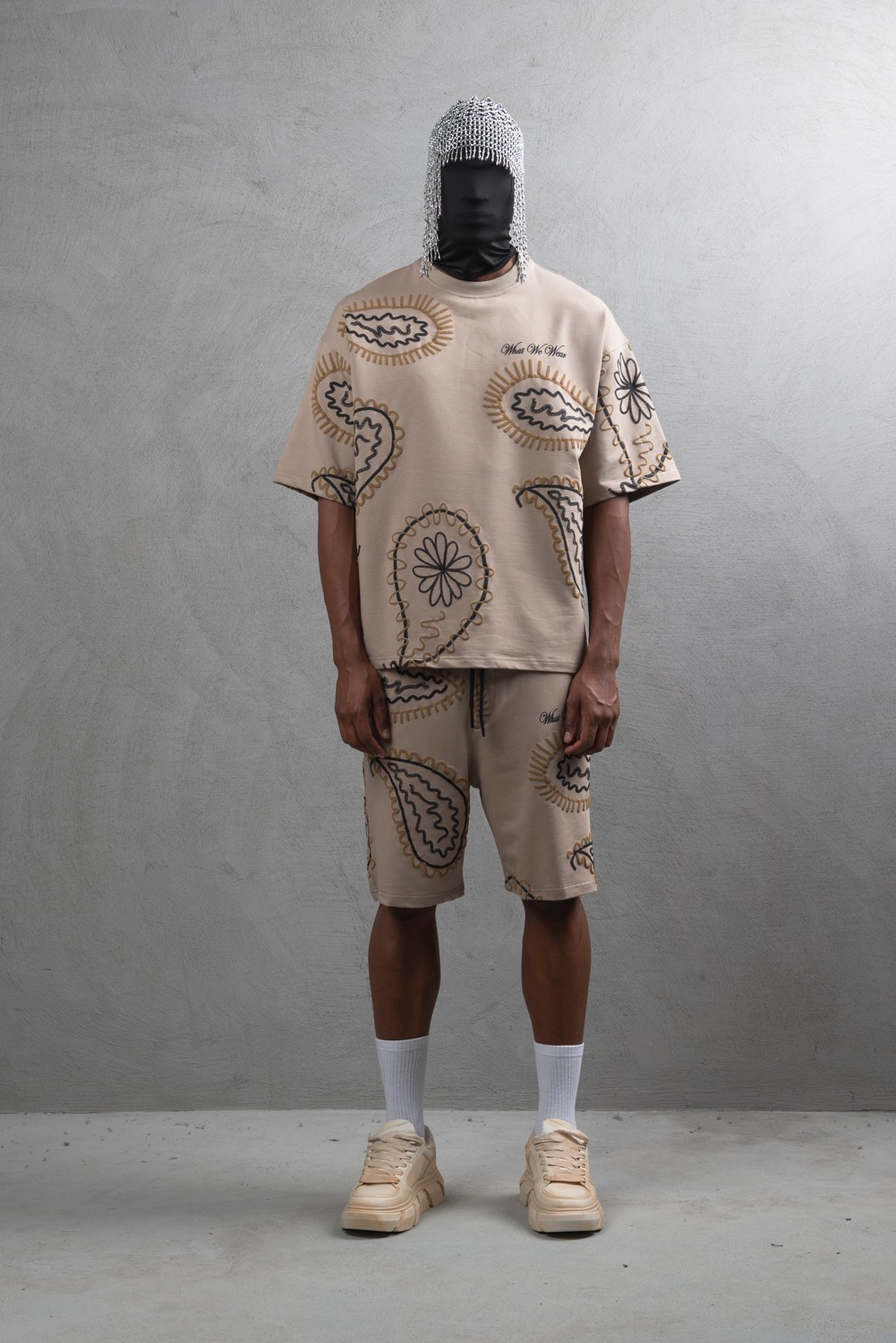 Maksim Oversize Şal Desenli Set – 10065 | Tişört + Şort Takım - Taş