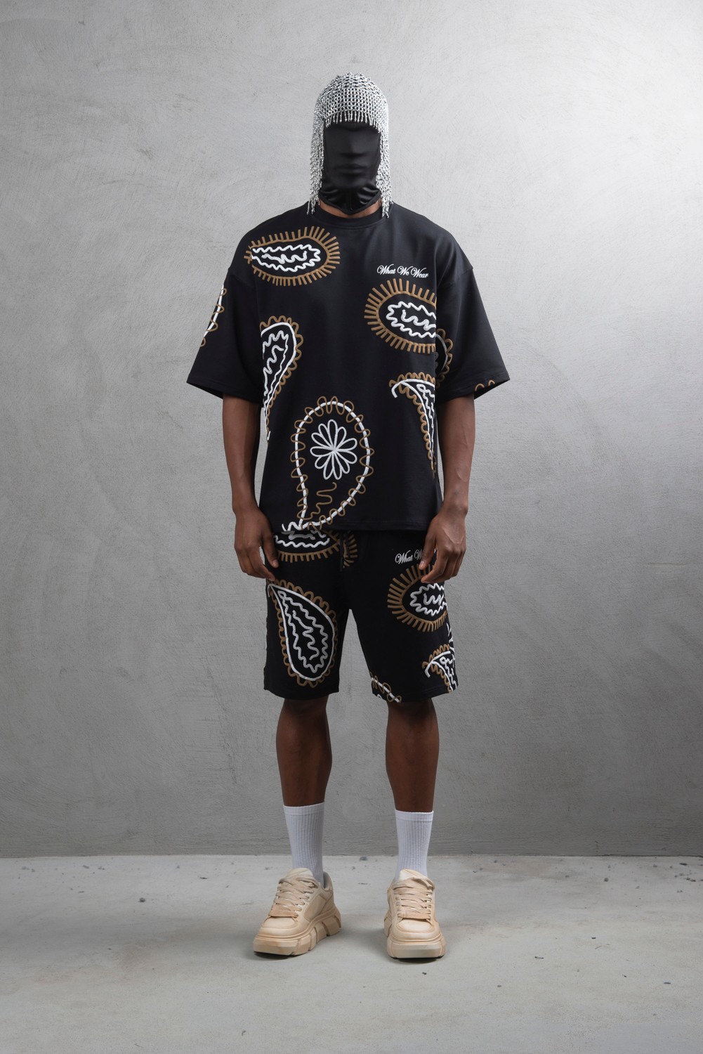 Maksim Oversize Şal Desenli Set – 10065 | Tişört + Şort Takım - Siyah