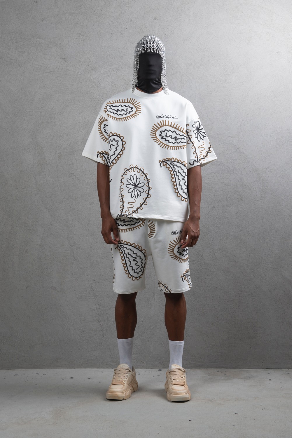 Maksim Oversize Şal Desenli Set – 10065 | Tişört + Şort Takım - Ekru