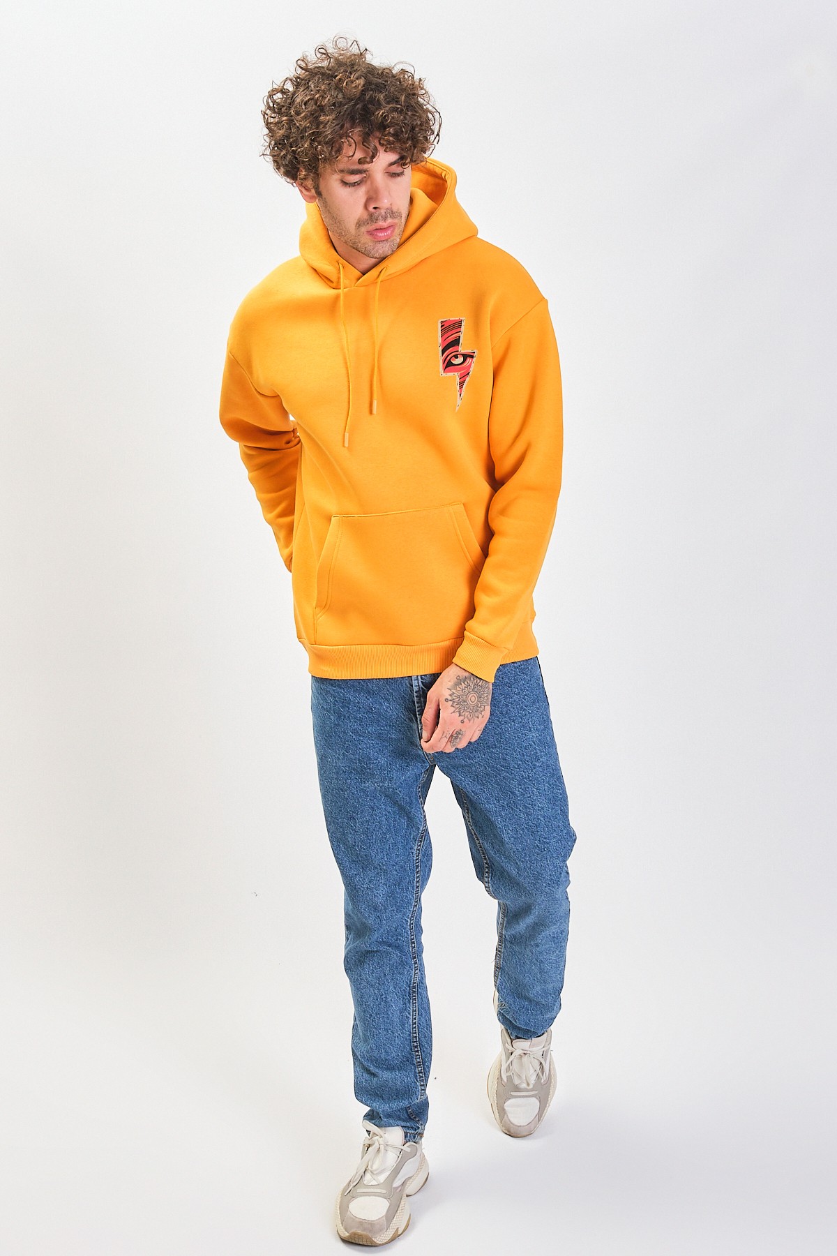 Oversize Baskılı Kapüşonlu Sweatshirt 22888 - Mustard