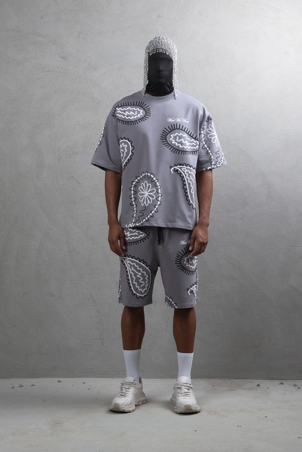 Maksim Oversize Şal Desenli Set – 10065 | Tişört + Şort Takım - Gri