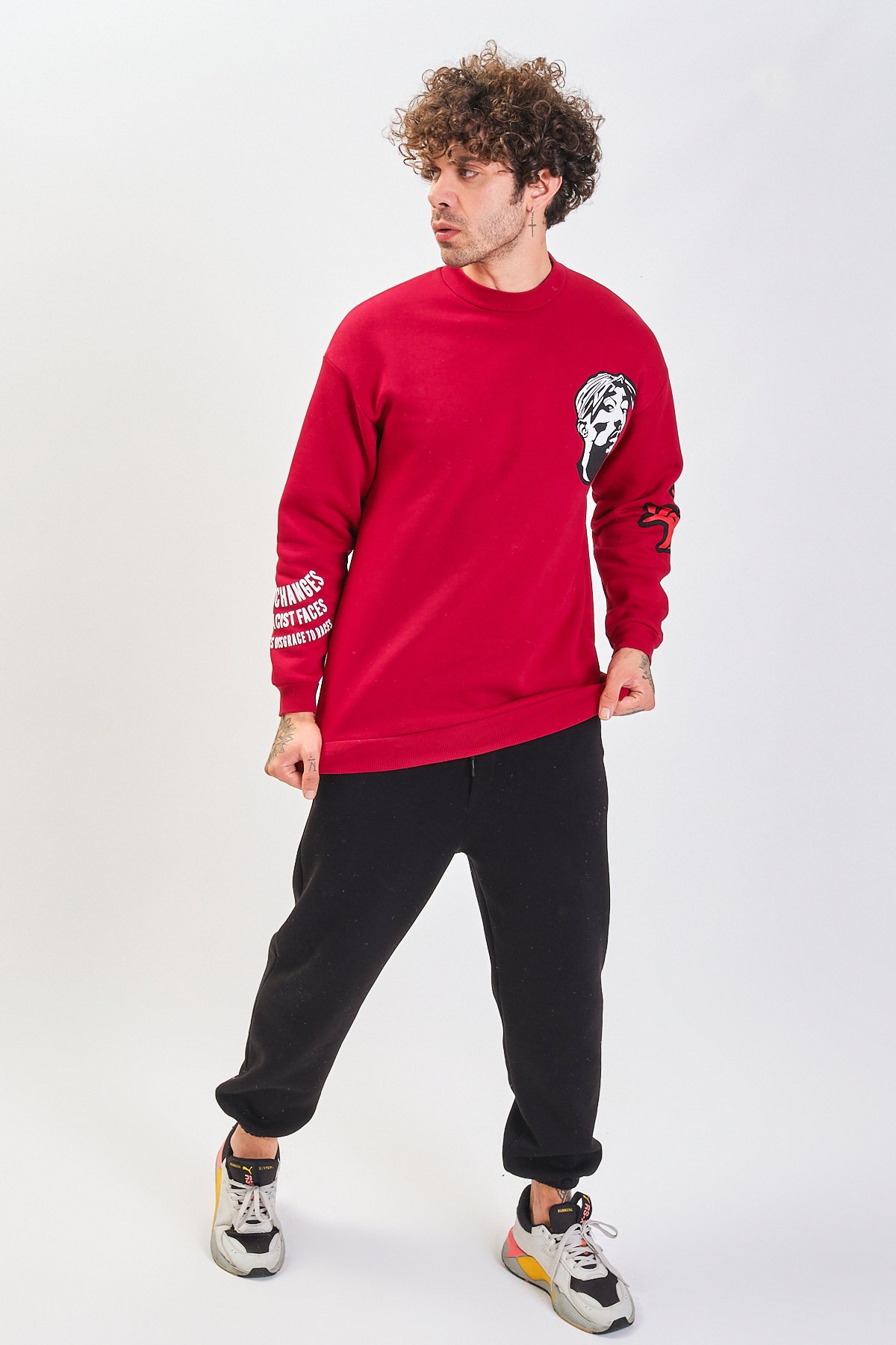 Baskılı Oversize Sweatshirt 22891 - Kırmızı