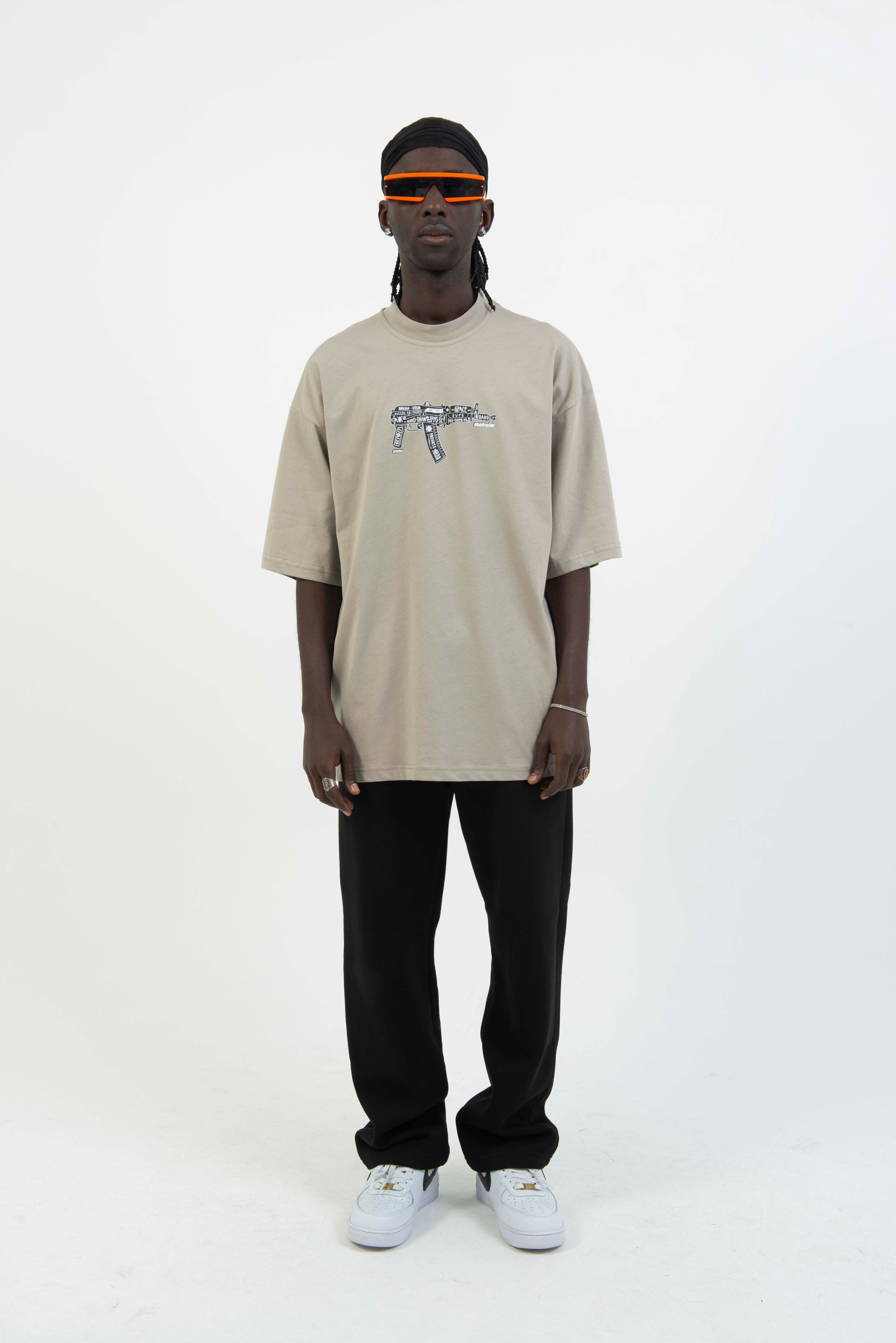 Oversize Baskılı T-shirt 23126 - Taş