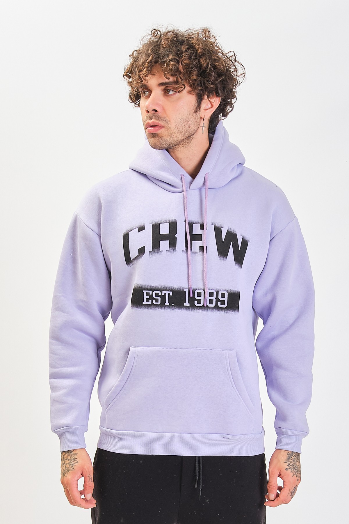 Oversize Baskılı Kapüşonlu Sweatshirt 22895 - Purple
