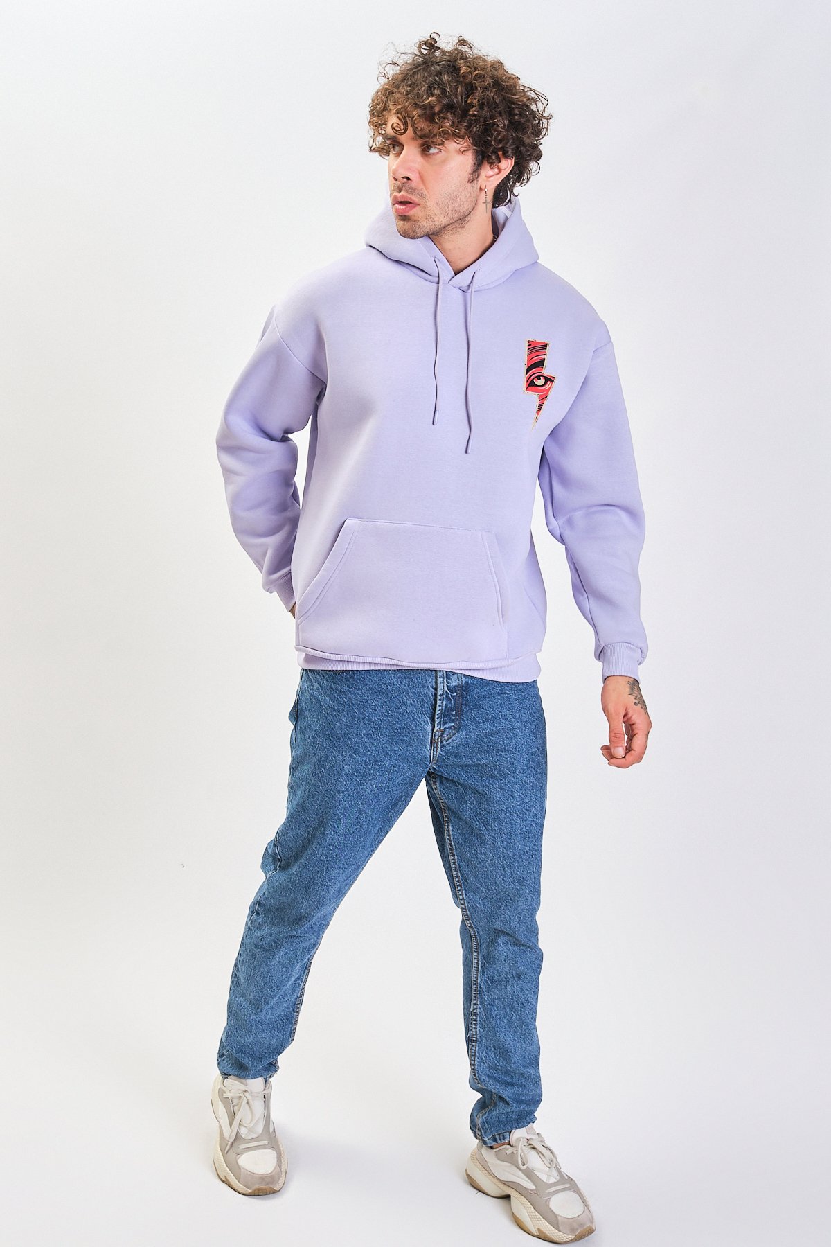 Oversize Baskılı Kapüşonlu Sweatshirt 22888 - Lilac