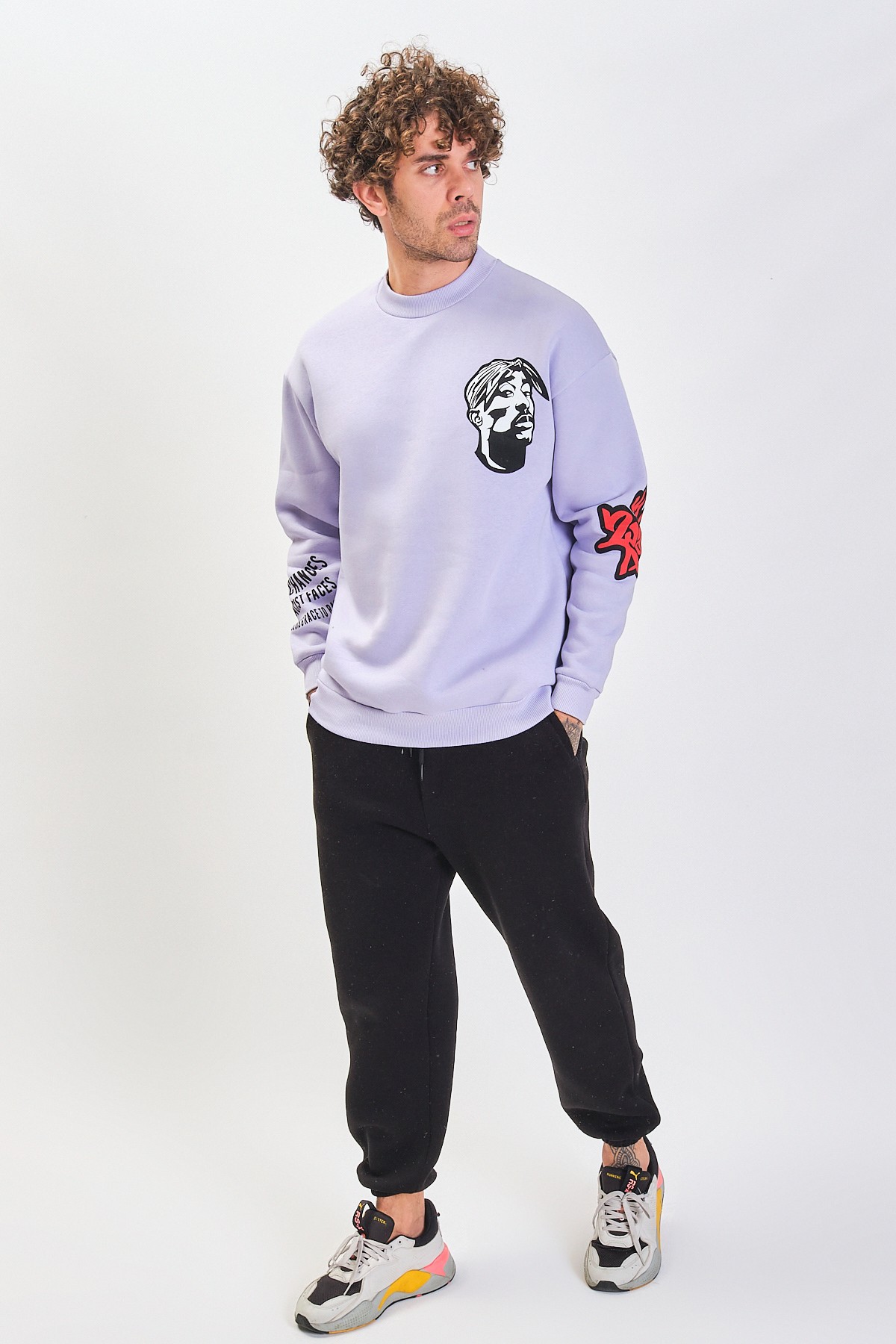 Baskılı Oversize Sweatshirt 22891 - Lilac