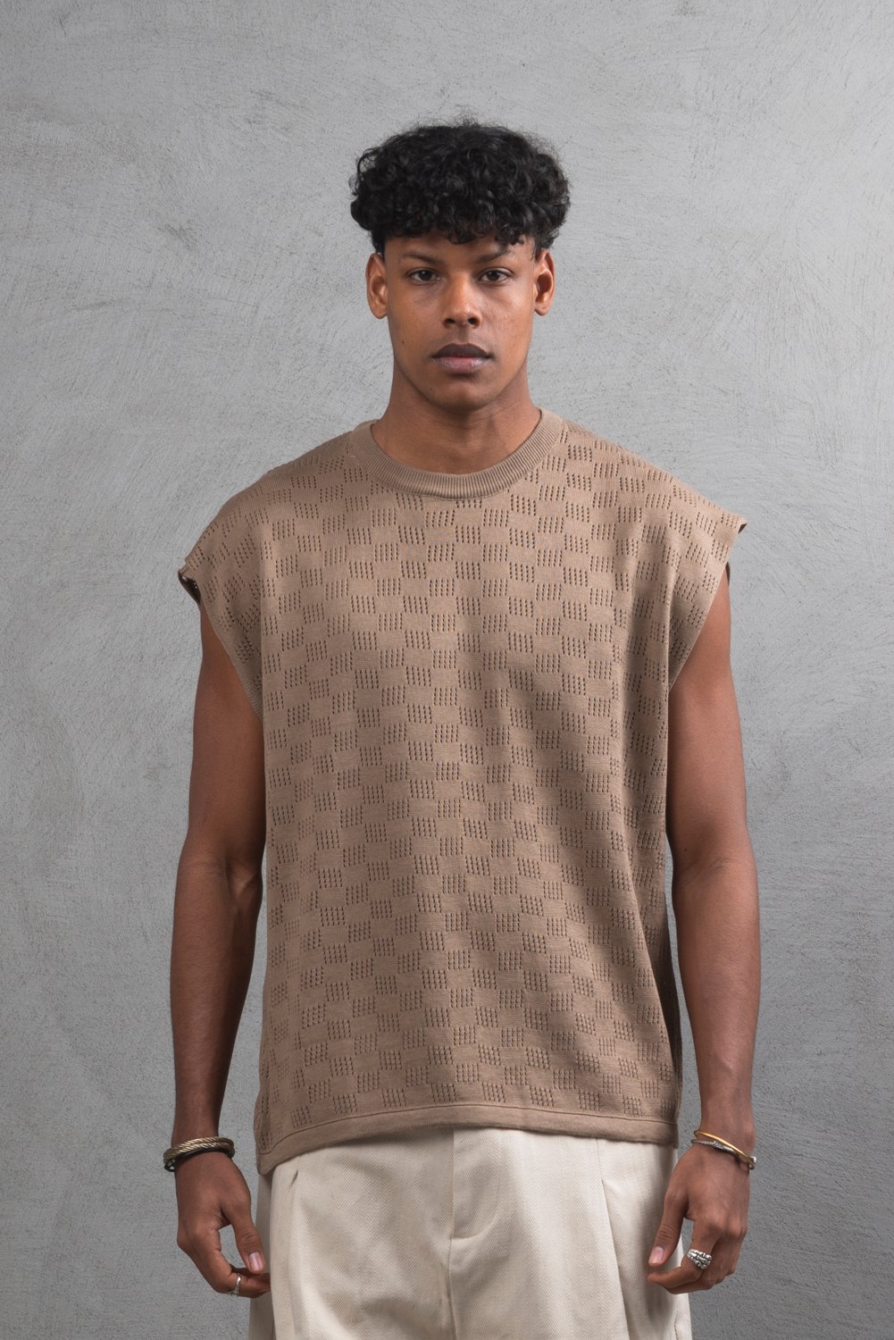 Maksim Triko Oversize Kolsuz Tişört | 11005 - Vizon
