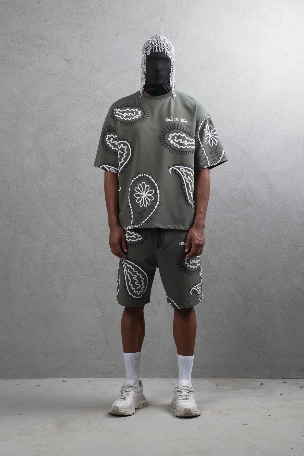 Maksim Oversize Şal Desenli Set – 10065 | Tişört + Şort Takım - Haki